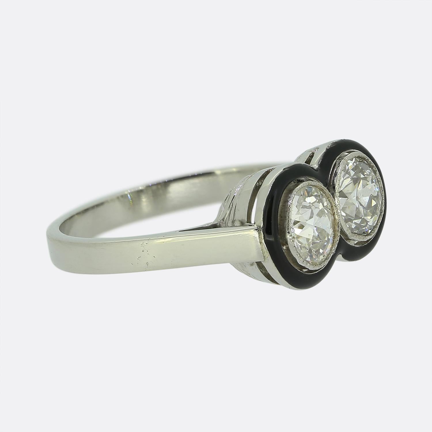 Old Mine Cut Art Deco Two-Stone Diamond and Enamel Ring
