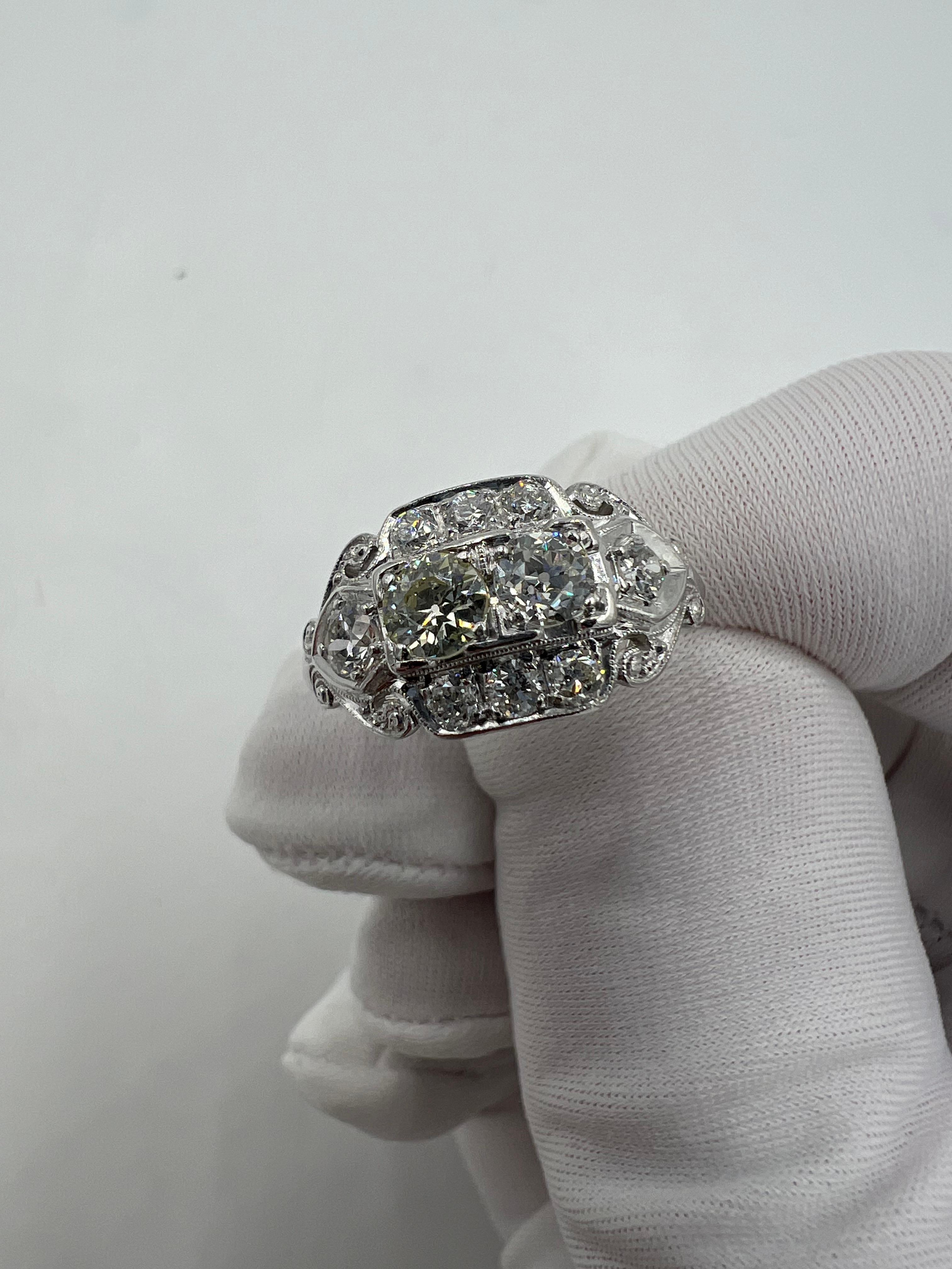 Old European Cut Art Deco Two Stone Diamond Platinum Ring  For Sale