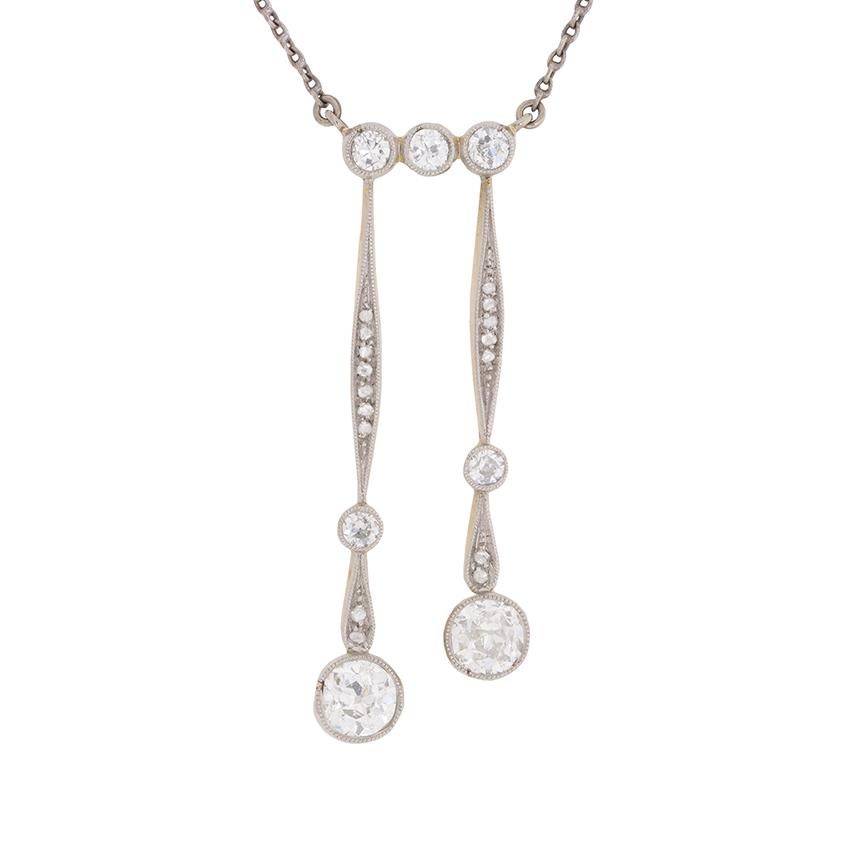 Art Deco Two-Stone Drop Diamond Necklace, circa 1920s For Sale