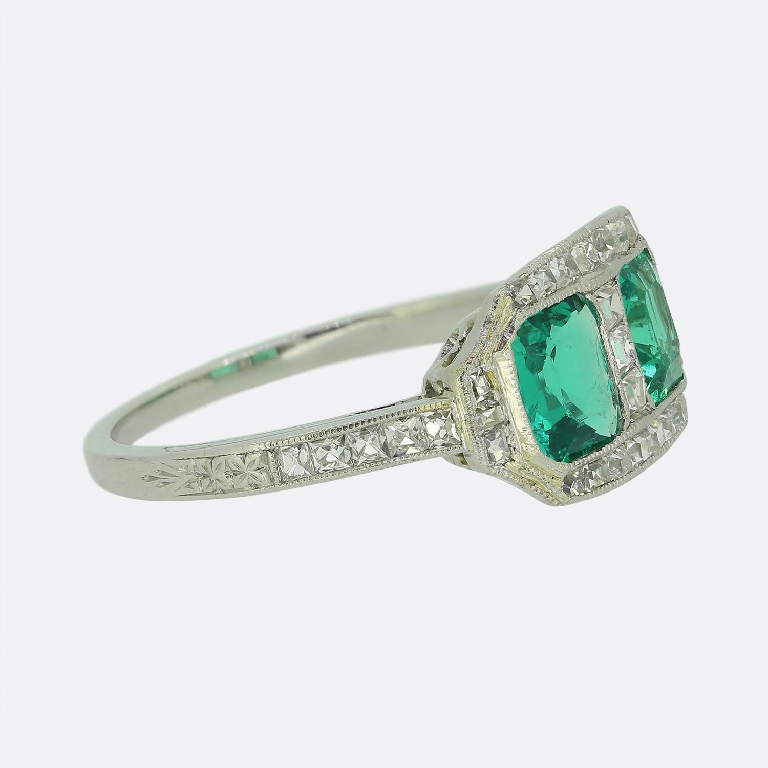Asscher Cut Art Deco Two-Stone Emerald and Diamond Ring For Sale