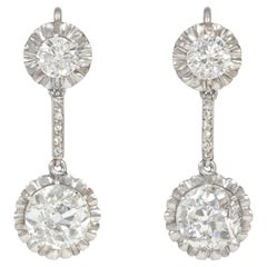 Art Deco Two-Stone Platinum and Old European Cut Diamond Drop Earrings