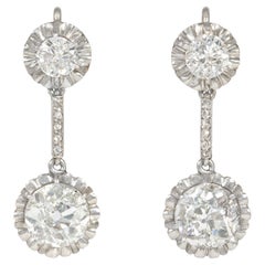 Antique Art Deco Two-Stone Platinum and Old European Cut Diamond Drop Earrings