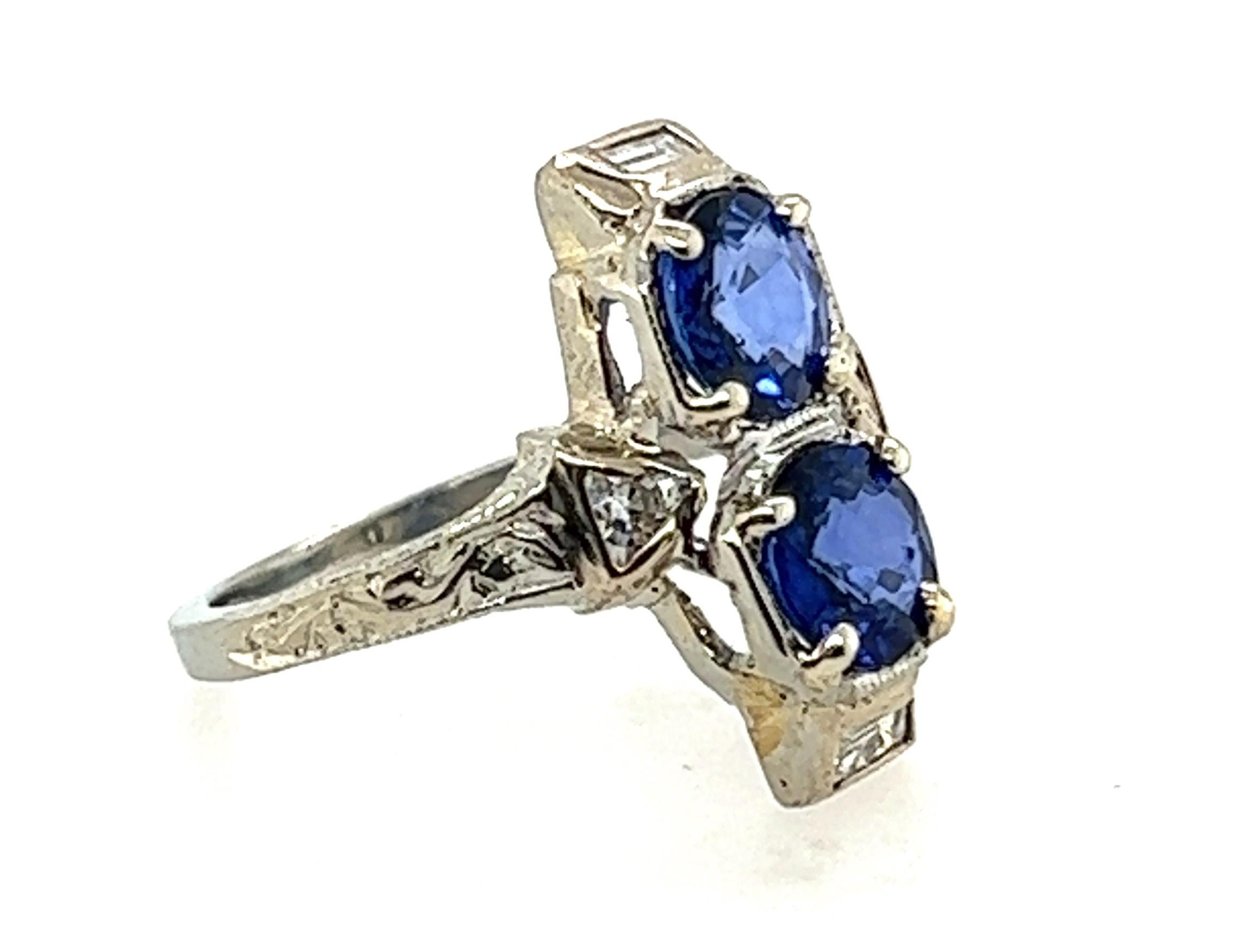 Round Cut Art Deco Two Stone Sapphire Diamond Cocktail Ring 2ct 18K Original 1920s Antique For Sale