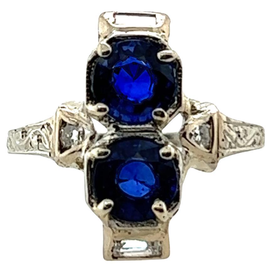 Art Deco Two Stone Sapphire Diamond Cocktail Ring 2ct 18K Original 1920s Antique For Sale