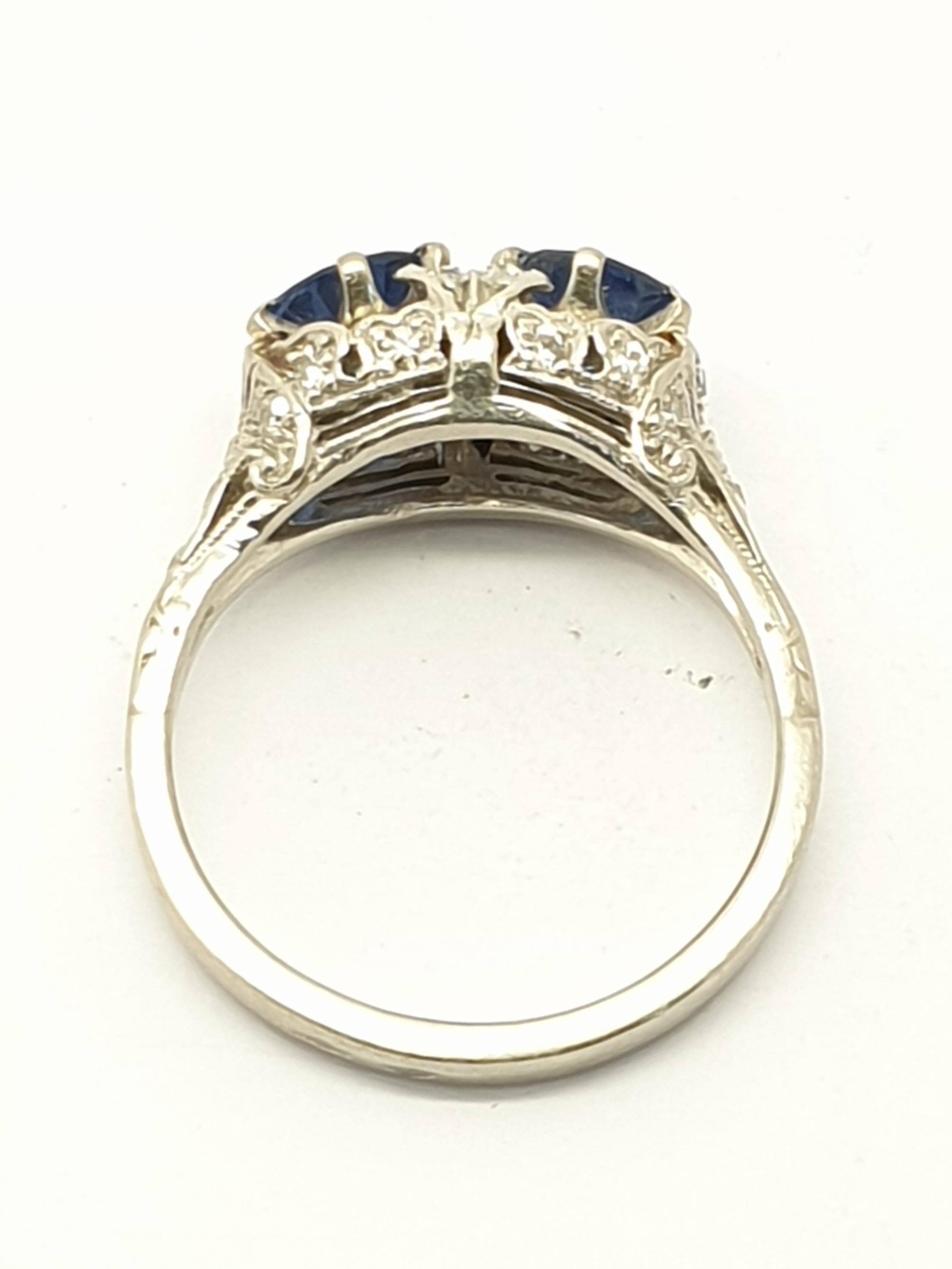 Round Cut Art Deco Two-Stone Sapphire Diamond Platinum Ring For Sale
