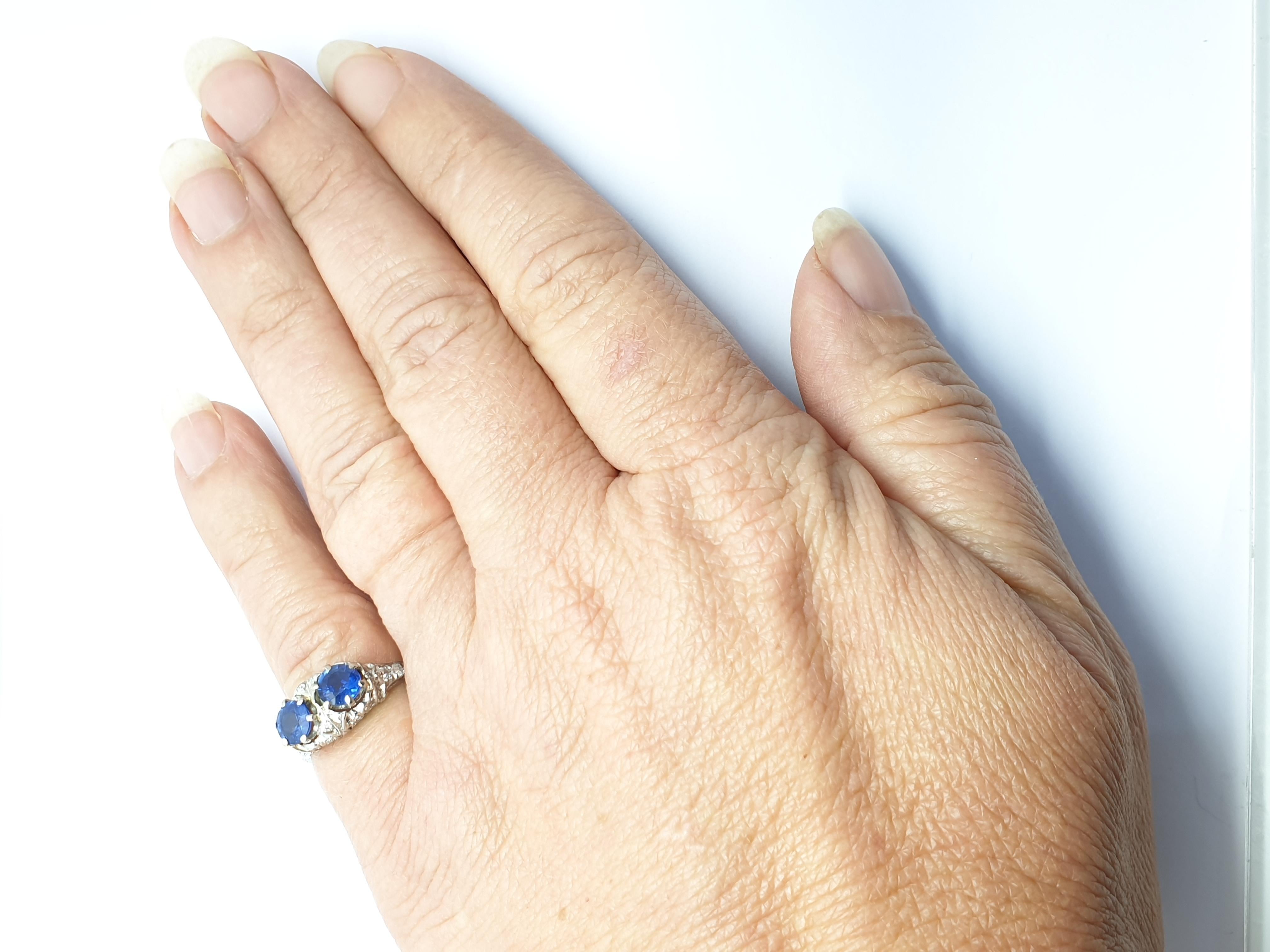Women's Art Deco Two-Stone Sapphire Diamond Platinum Ring For Sale