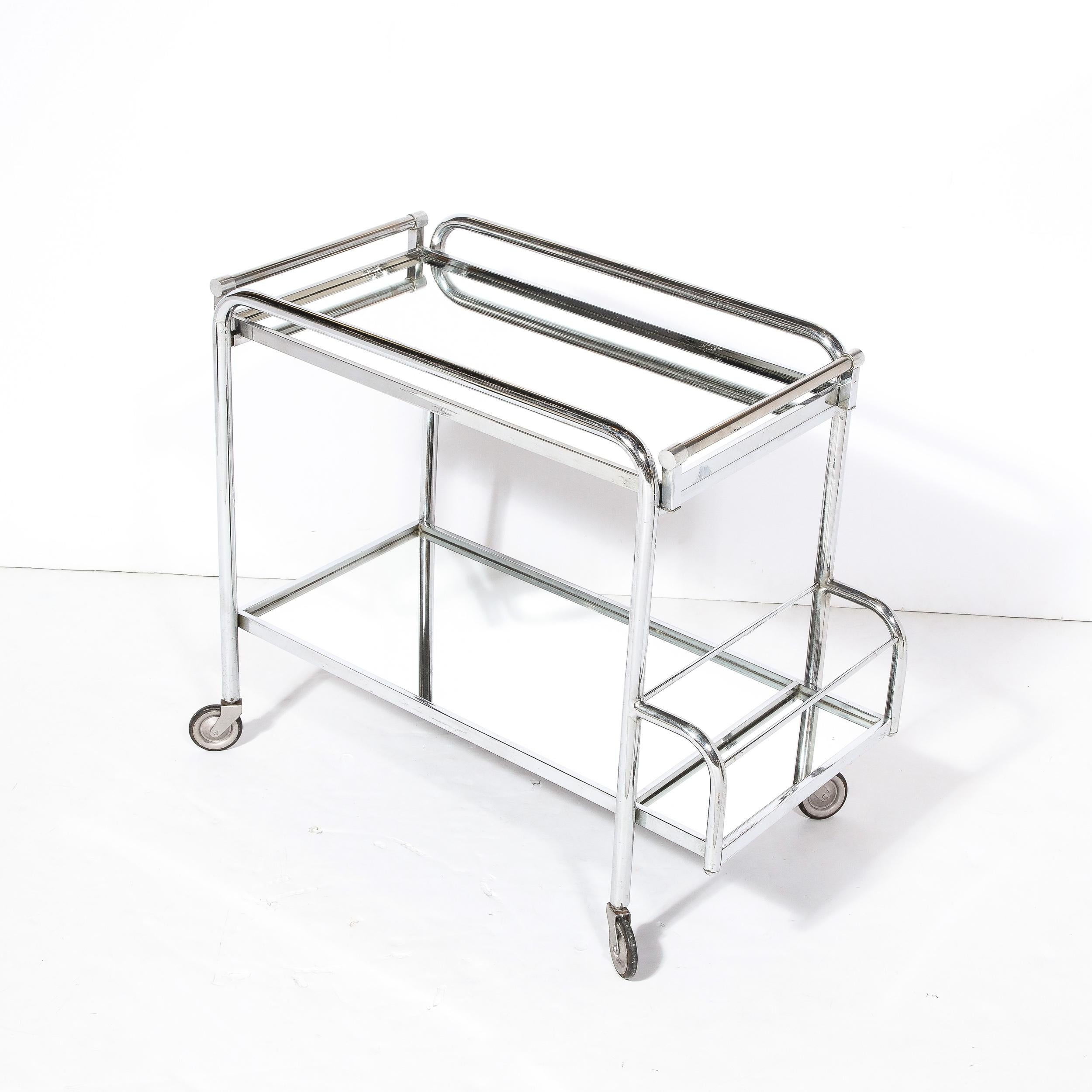 Art Deco Two-Tier Bar Cart in Polished Chrome and Mirror Glass by Jacques Adnet  For Sale 7