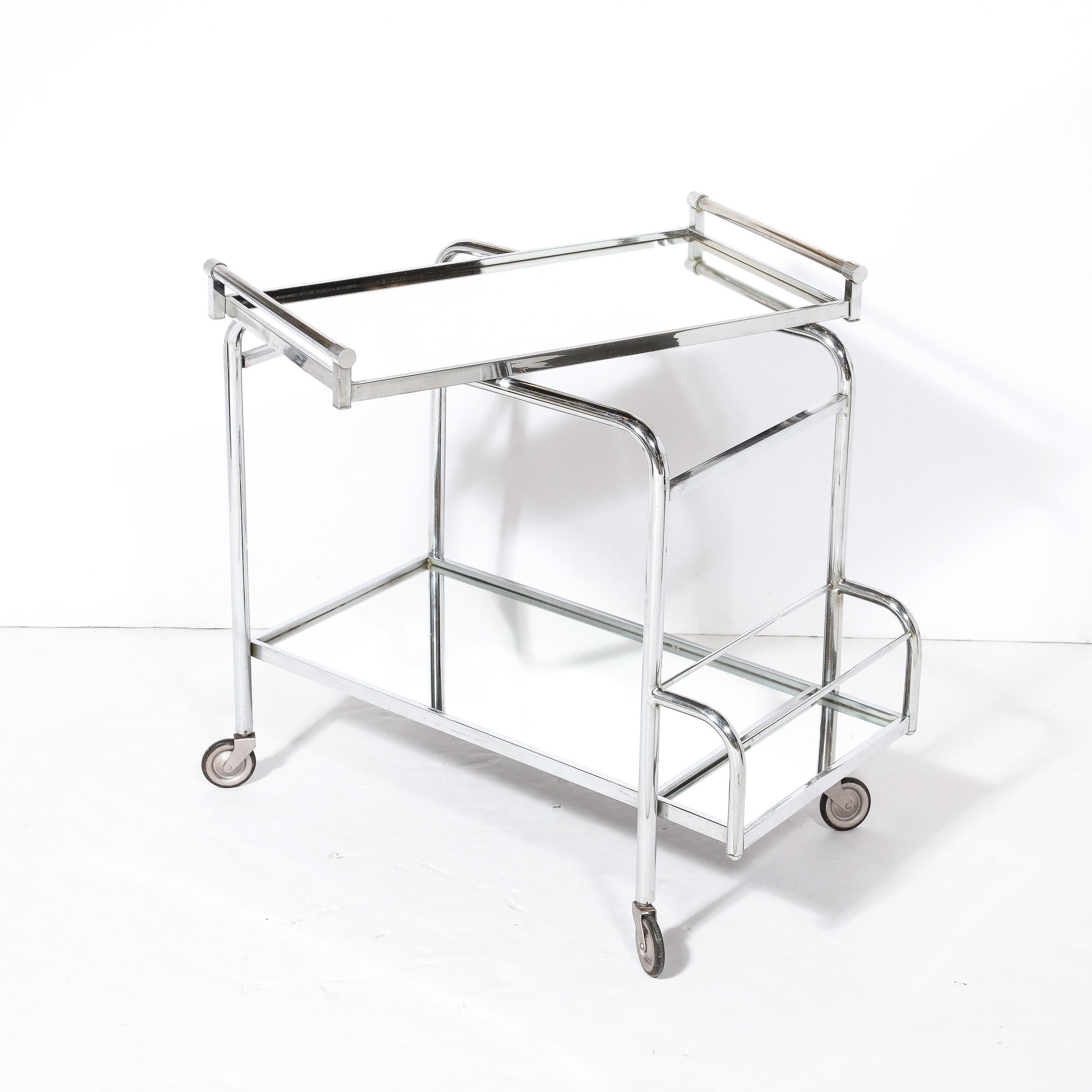 Art Deco Two-Tier Bar Cart in Polished Chrome and Mirror Glass by Jacques Adnet  For Sale 8