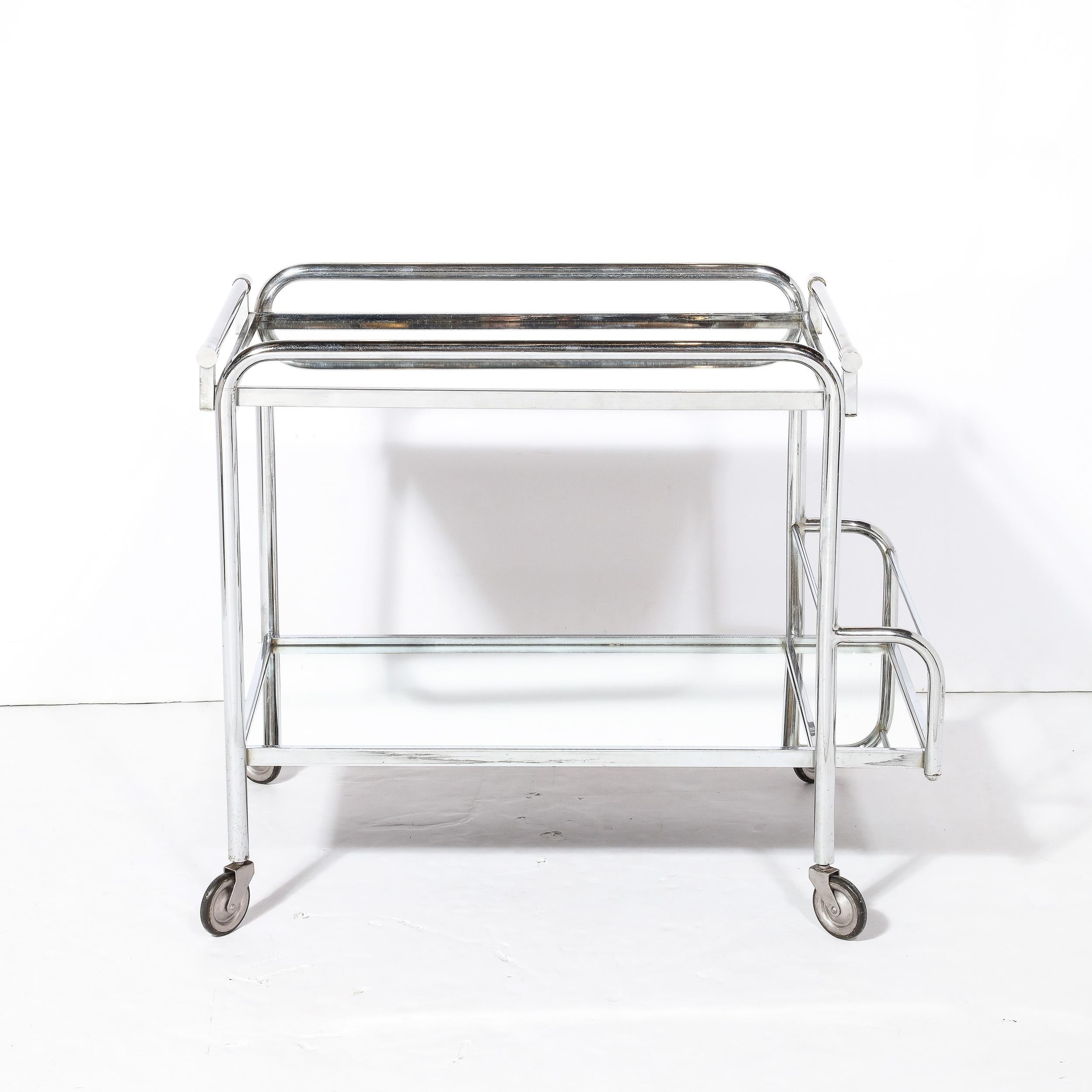 Art Deco Two-Tier Bar Cart in Polished Chrome and Mirror Glass by Jacques Adnet  For Sale 9