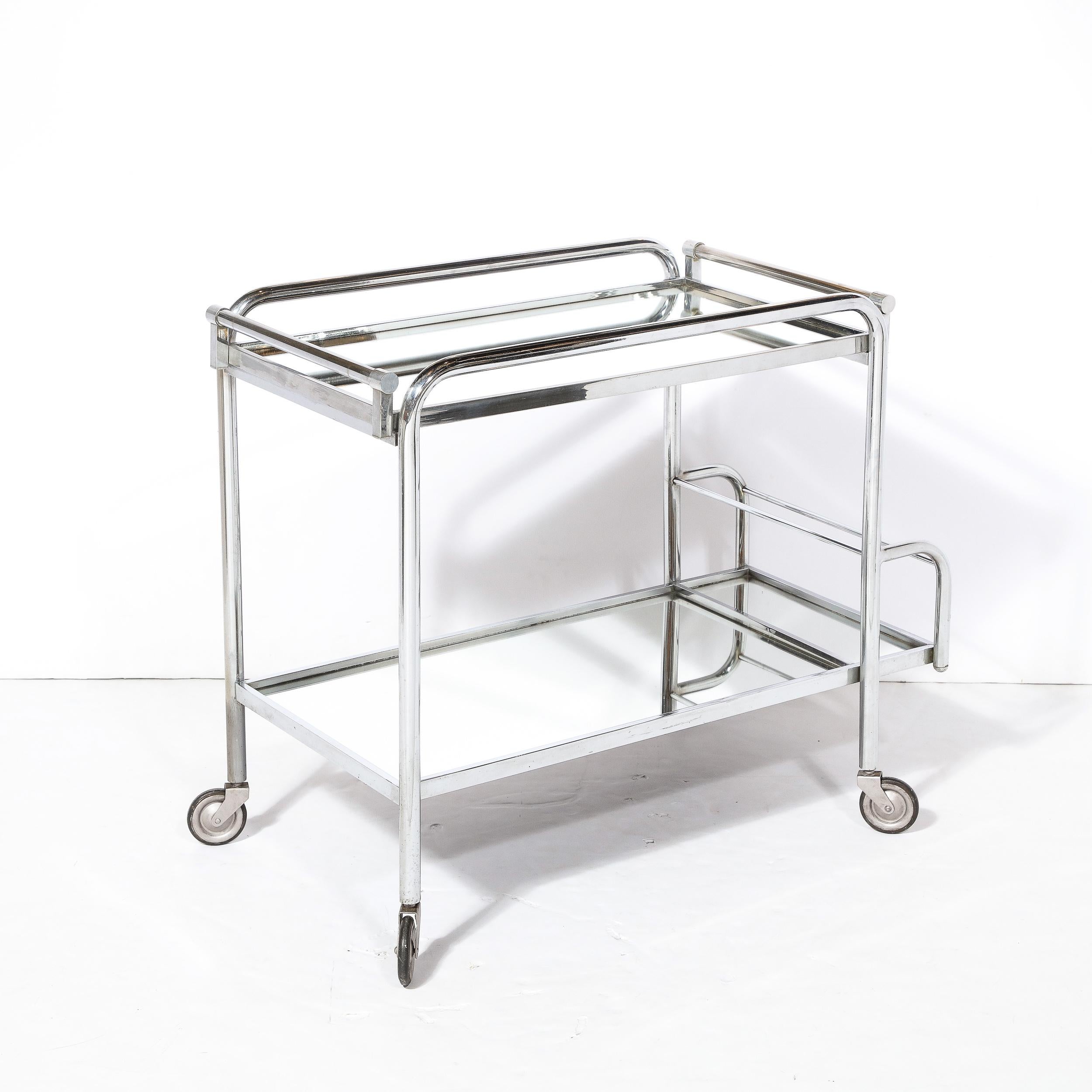 Art Deco Two-Tier Bar Cart in Polished Chrome and Mirror Glass by Jacques Adnet  For Sale 12