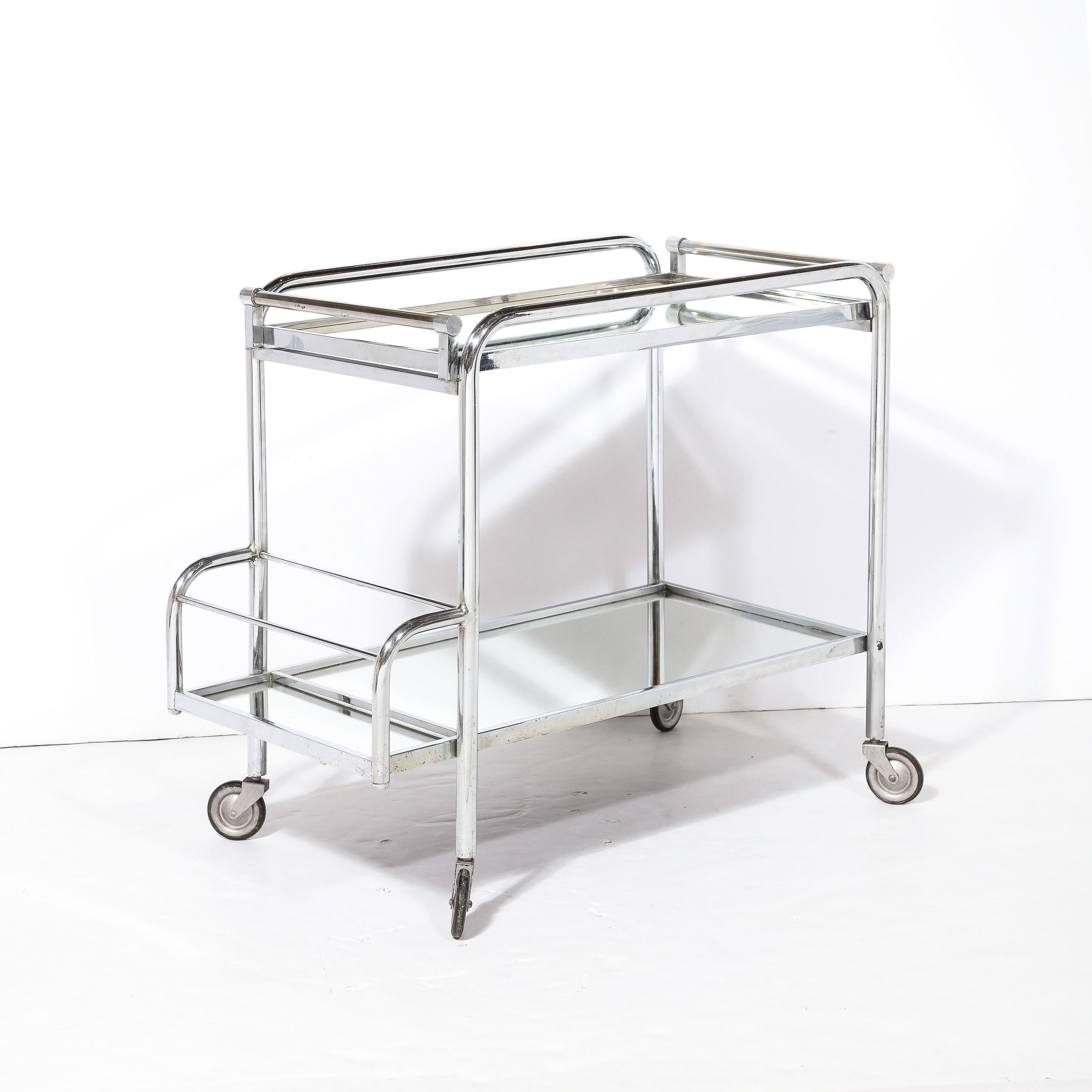 Mid-20th Century Art Deco Two-Tier Bar Cart in Polished Chrome and Mirror Glass by Jacques Adnet  For Sale