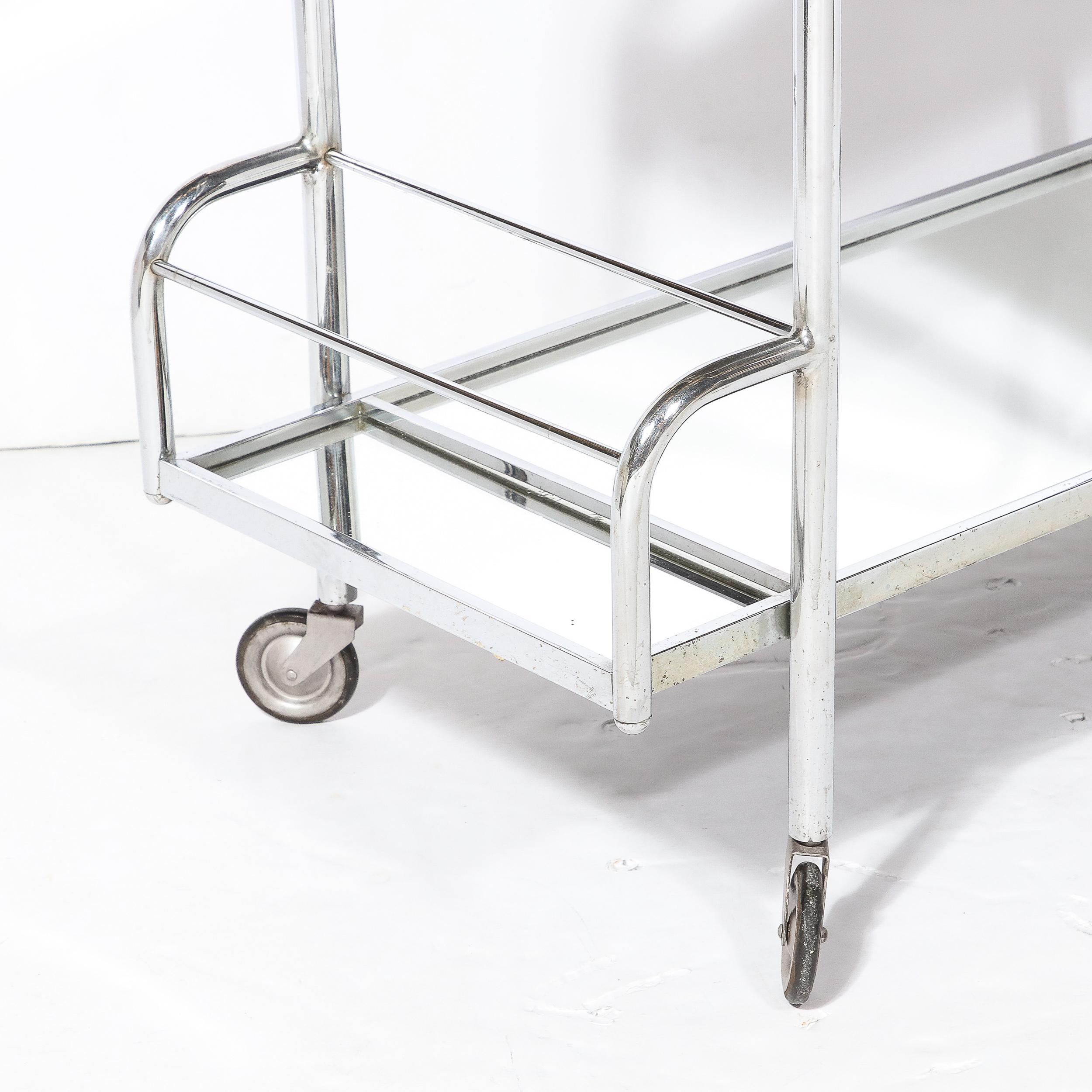 Art Deco Two-Tier Bar Cart in Polished Chrome and Mirror Glass by Jacques Adnet  For Sale 1