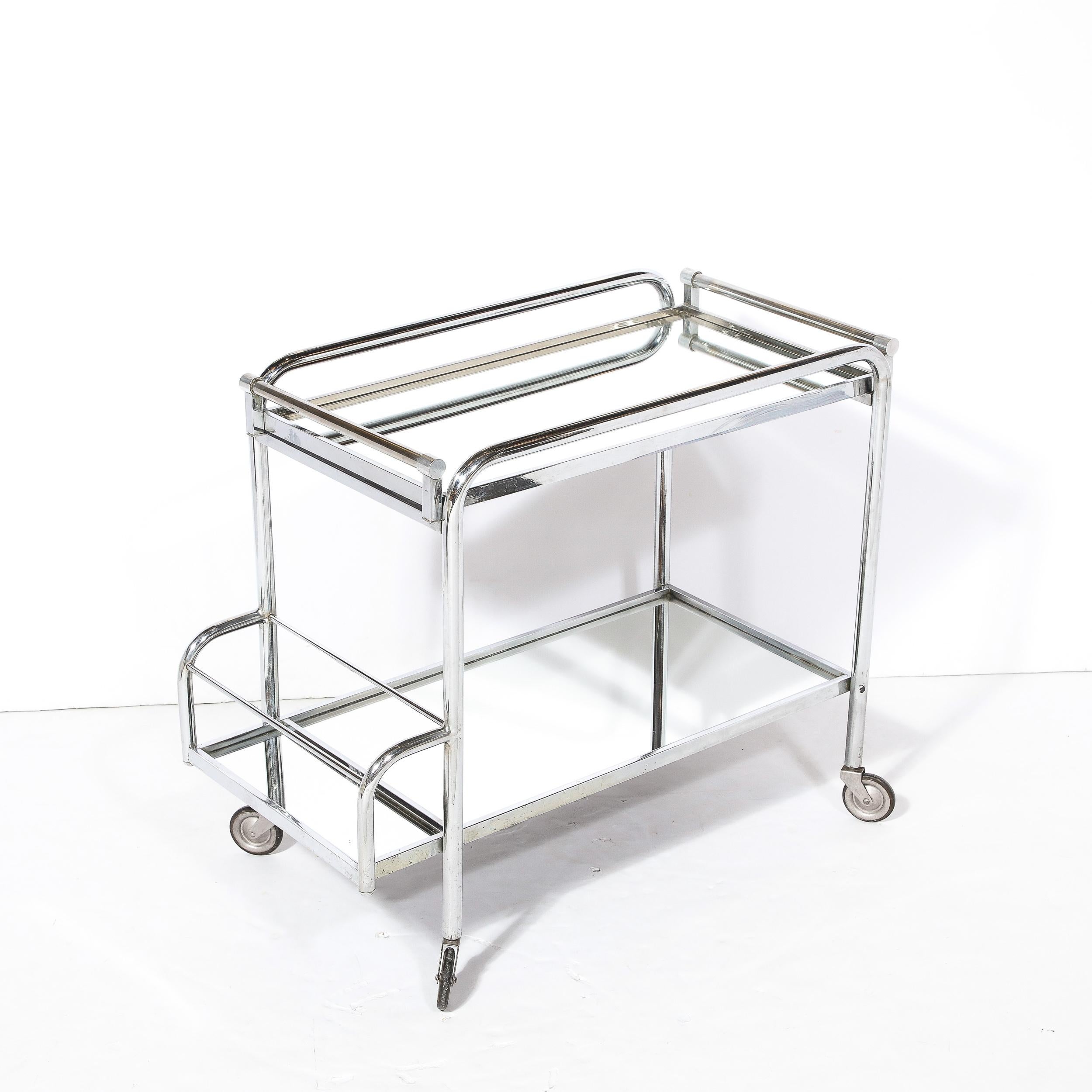 Art Deco Two-Tier Bar Cart in Polished Chrome and Mirror Glass by Jacques Adnet  For Sale 2