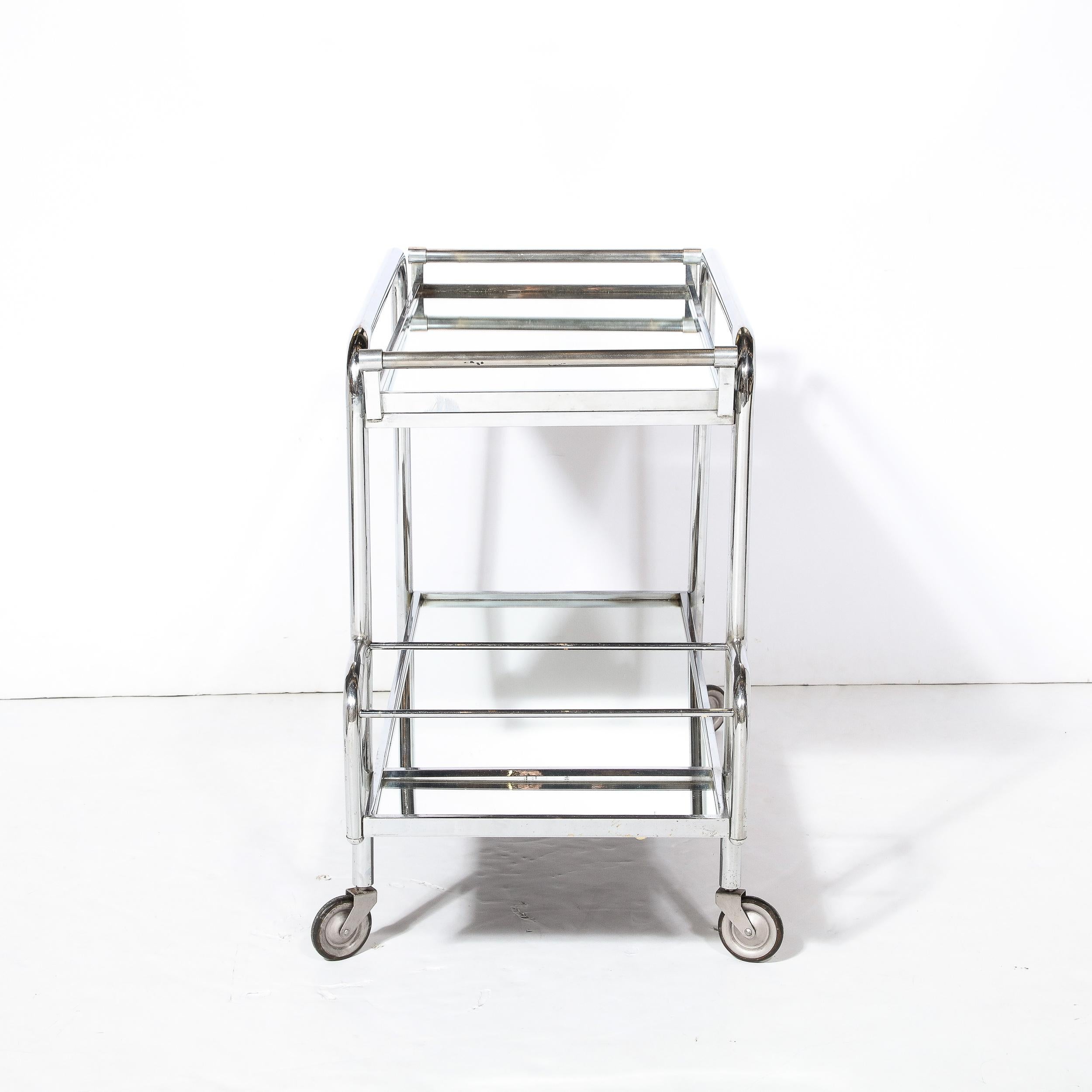 Art Deco Two-Tier Bar Cart in Polished Chrome and Mirror Glass by Jacques Adnet  For Sale 3