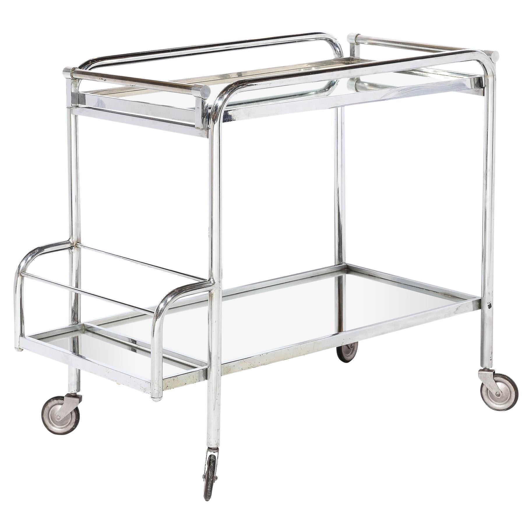 Art Deco Two-Tier Bar Cart in Polished Chrome and Mirror Glass by Jacques Adnet  For Sale