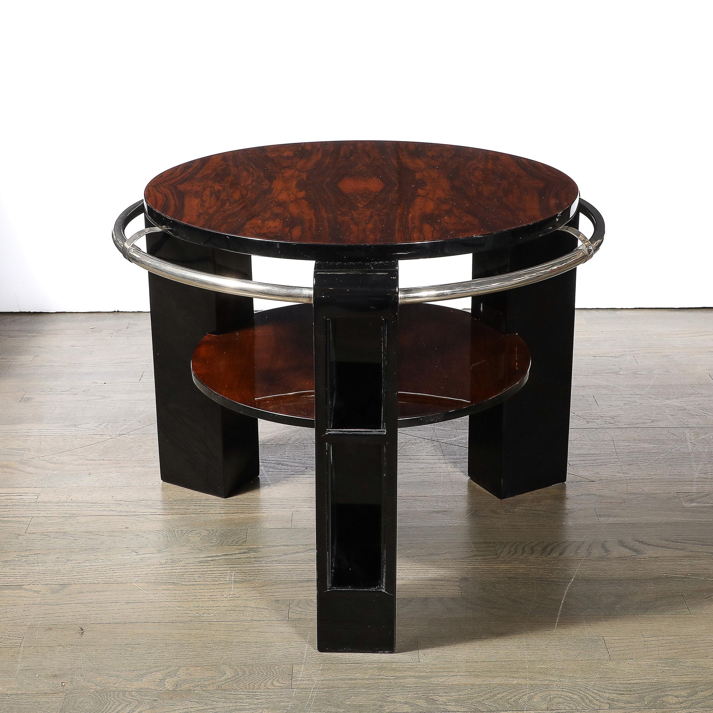 Art Deco Two-Tier Book-Matched Walnut & Black Lacquer Occasional Table w/ Chrome For Sale 8