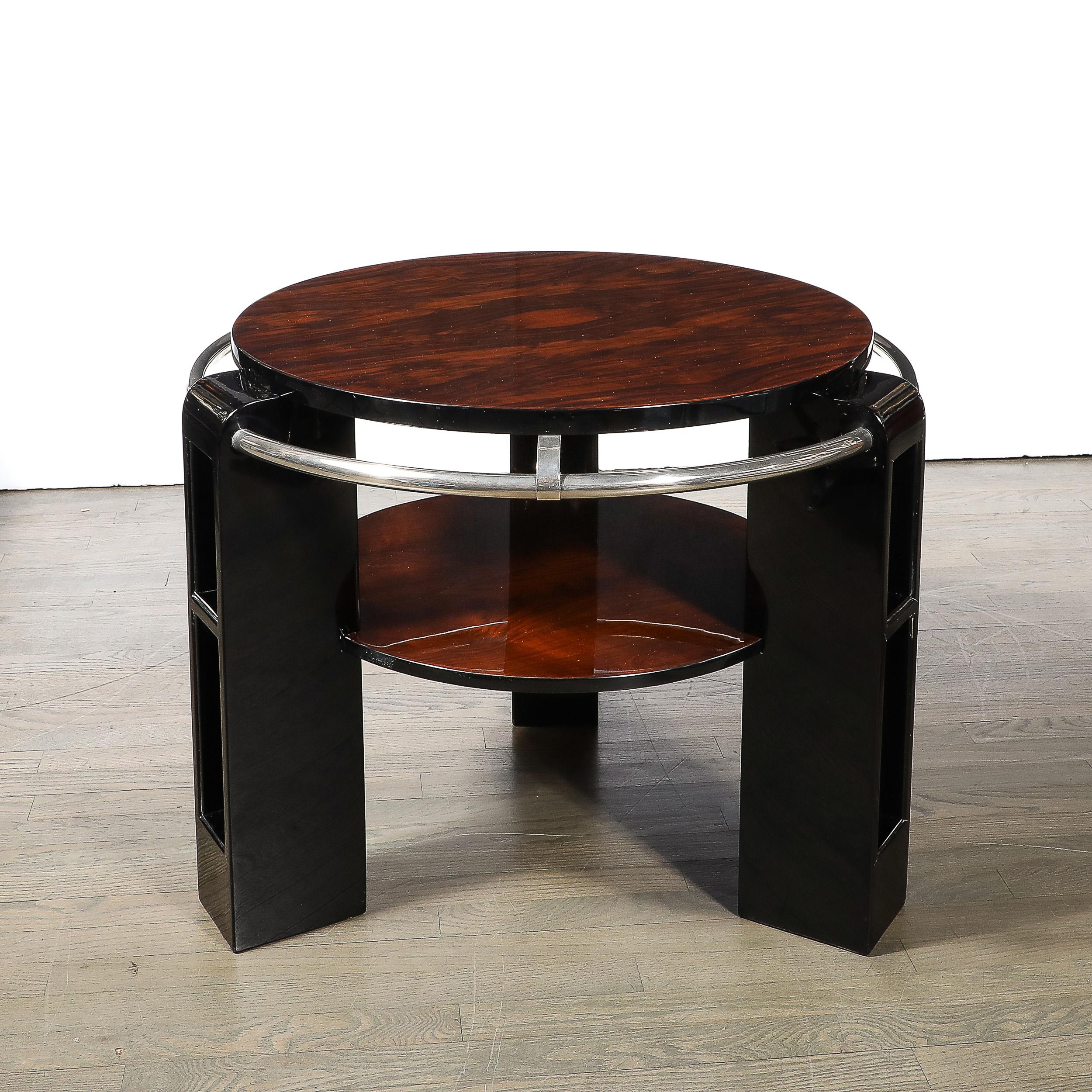 Art Deco Two-Tier Book-Matched Walnut & Black Lacquer Occasional Table w/ Chrome For Sale 9