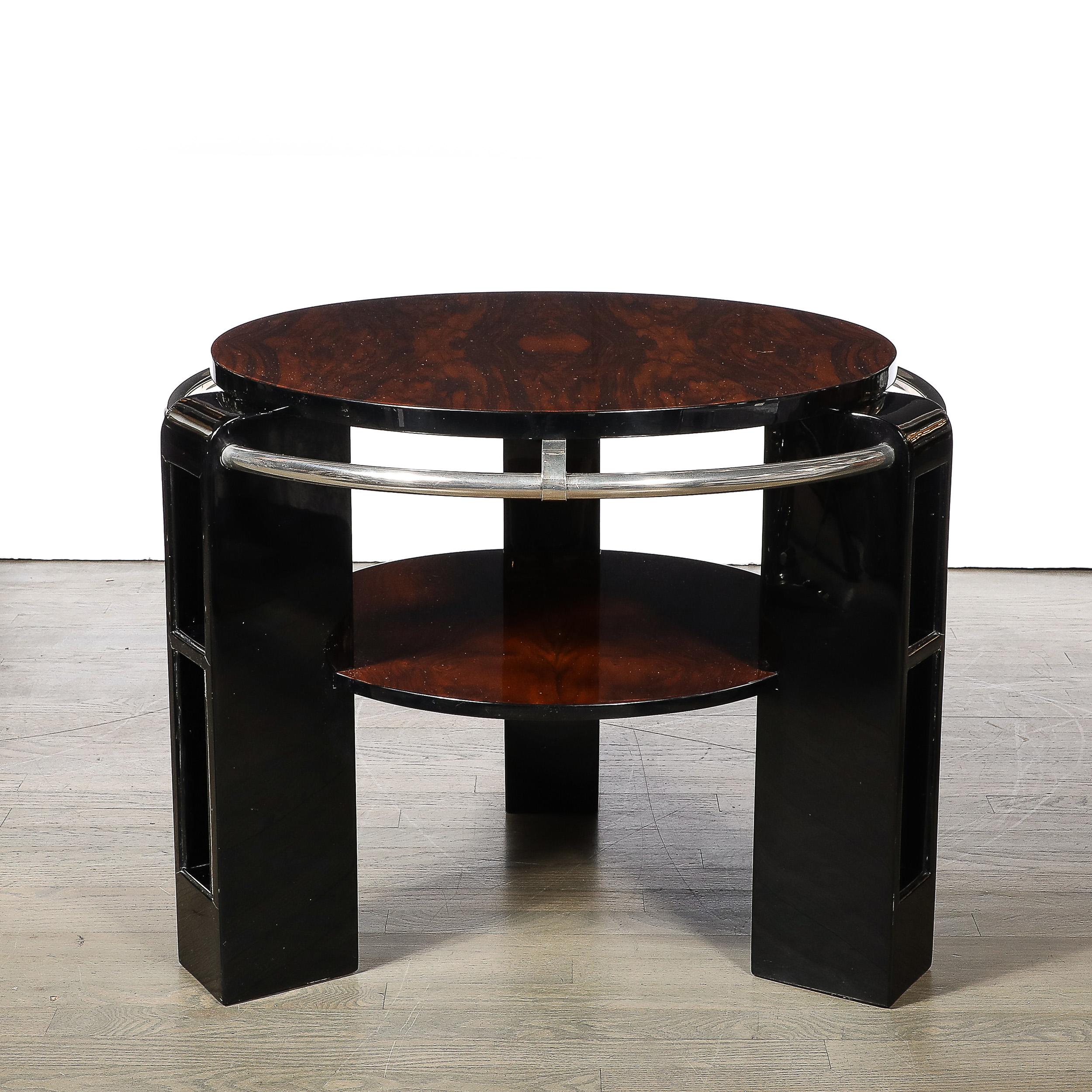 Art Deco Two-Tier Book-Matched Walnut & Black Lacquer Occasional Table w/ Chrome For Sale 10