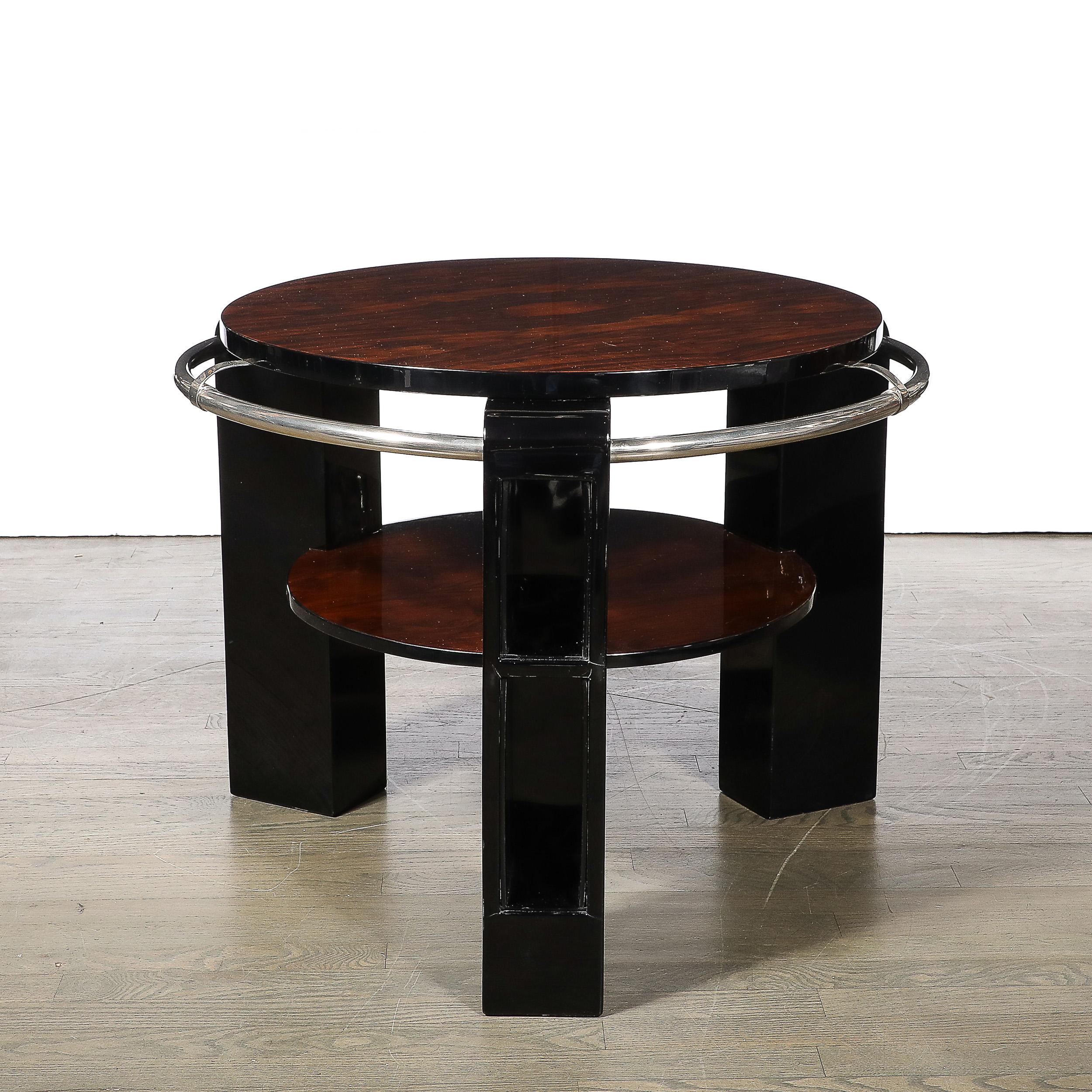 French Art Deco Two-Tier Book-Matched Walnut & Black Lacquer Occasional Table w/ Chrome For Sale