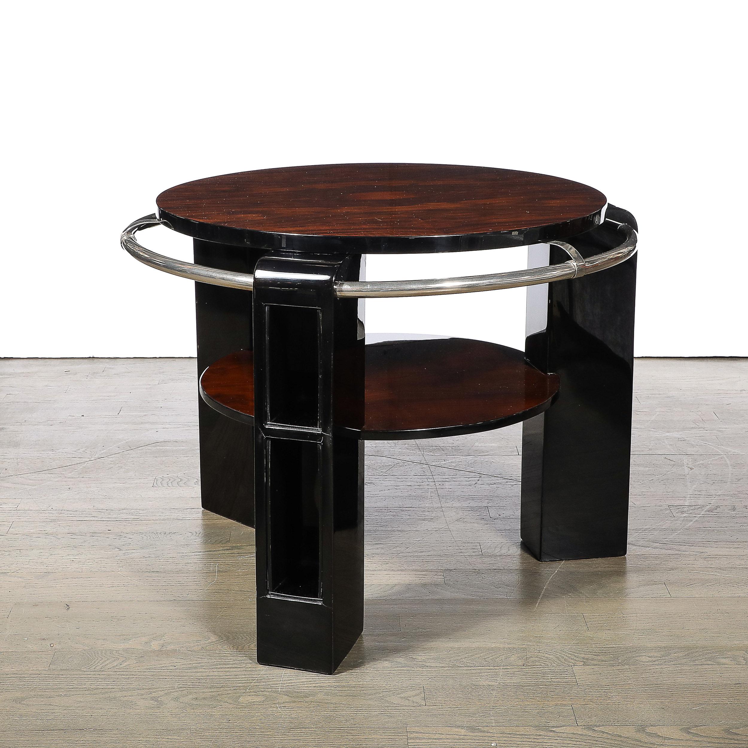 Art Deco Two-Tier Book-Matched Walnut & Black Lacquer Occasional Table w/ Chrome In Excellent Condition For Sale In New York, NY