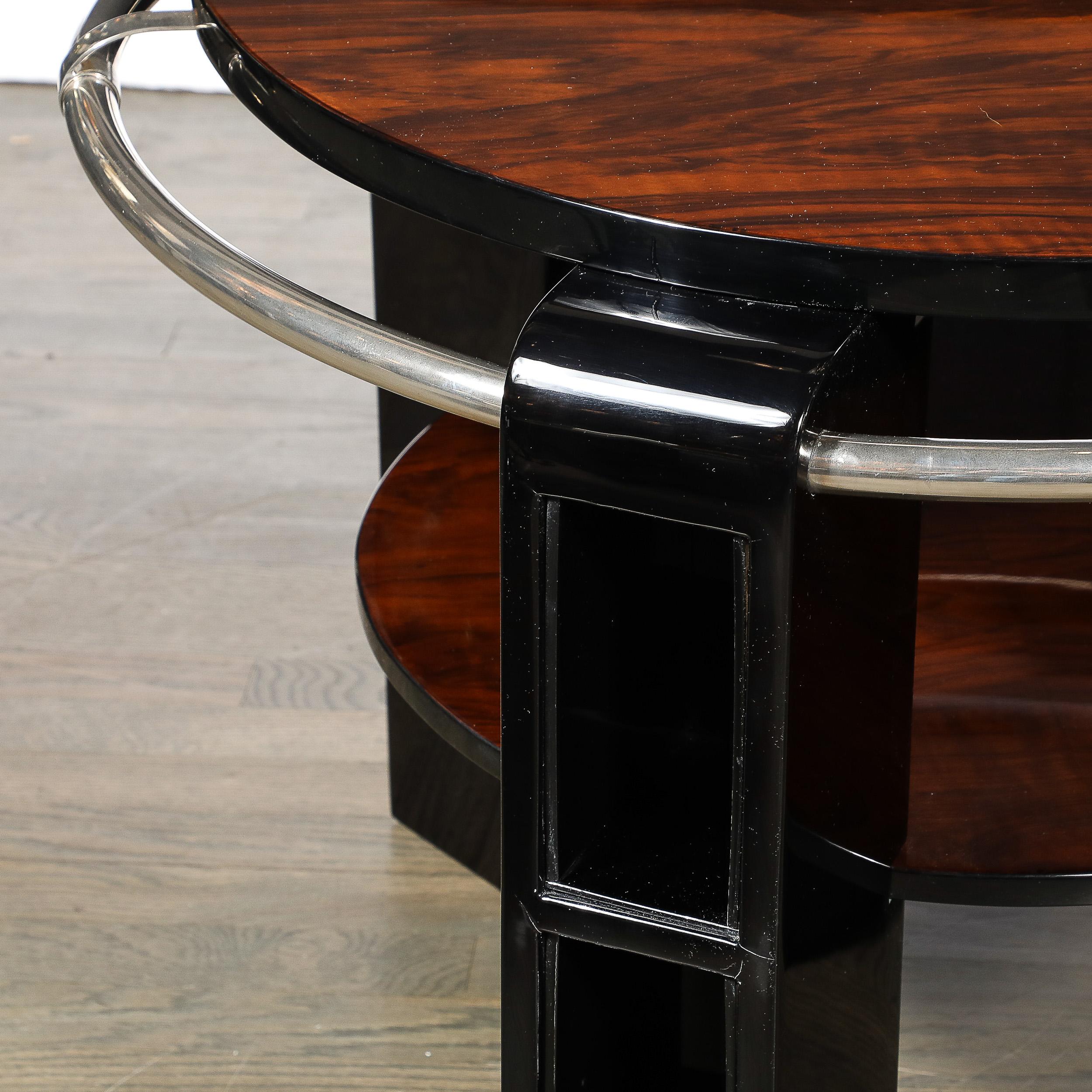 Mid-20th Century Art Deco Two-Tier Book-Matched Walnut & Black Lacquer Occasional Table w/ Chrome For Sale