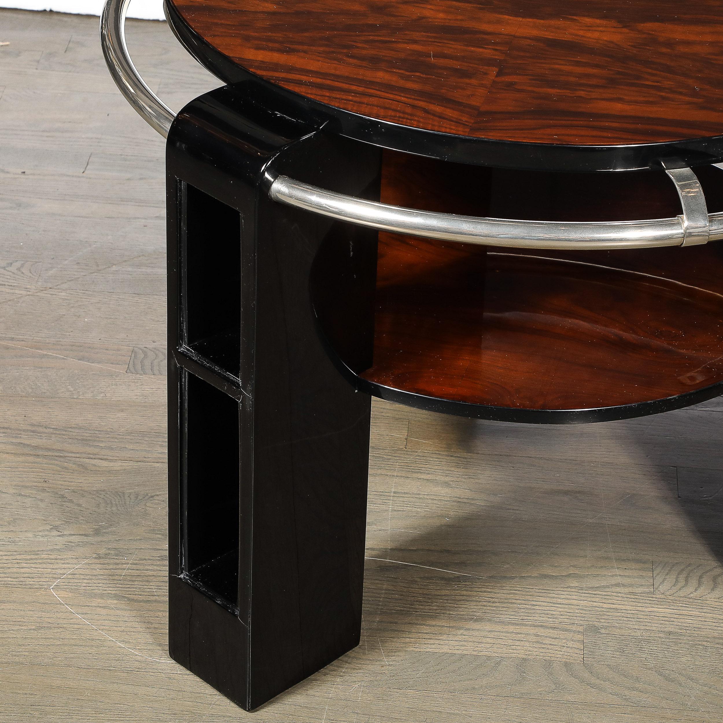 Art Deco Two-Tier Book-Matched Walnut & Black Lacquer Occasional Table w/ Chrome For Sale 2