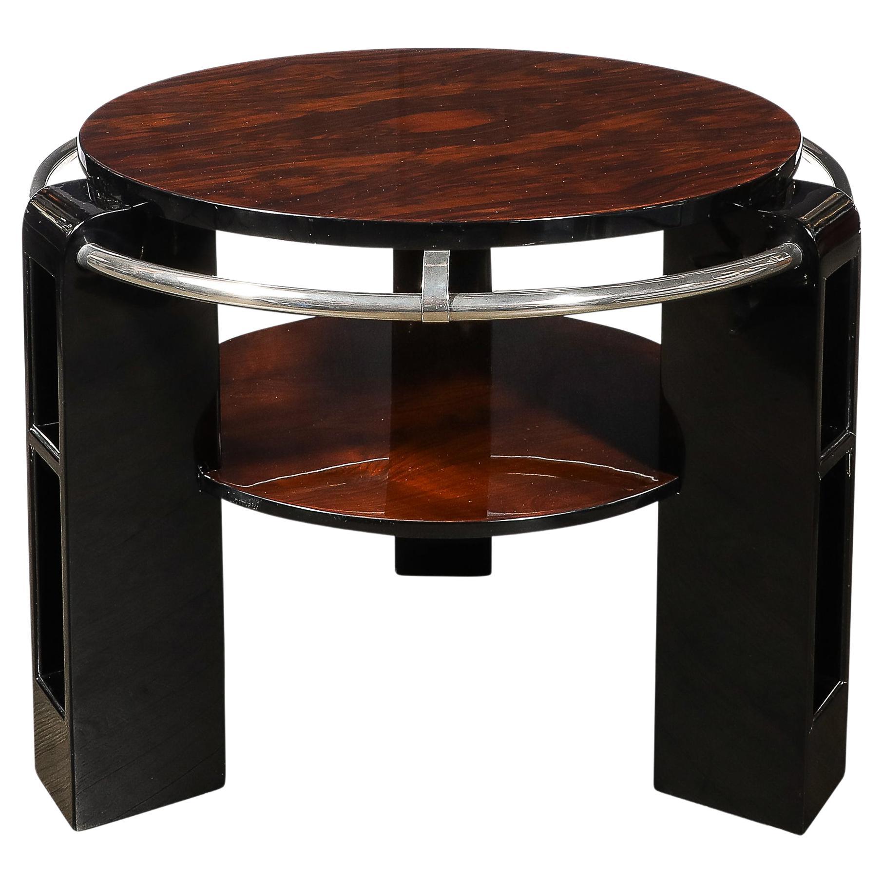 Art Deco Two-Tier Book-Matched Walnut & Black Lacquer Occasional Table w/ Chrome For Sale