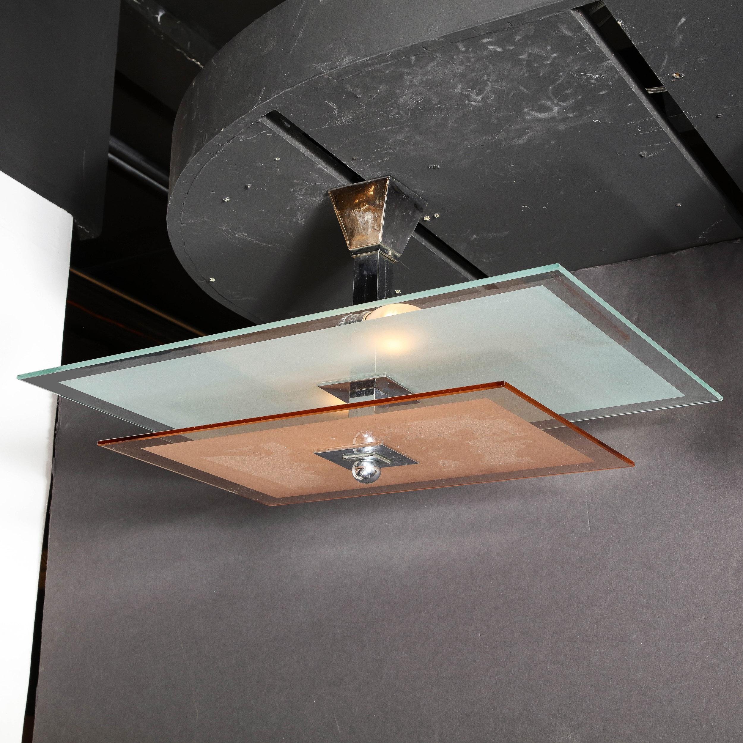 Lampadario Art Deco a due piani in vetro rosa e trasparente smerigliato di Petitot in vendita 4