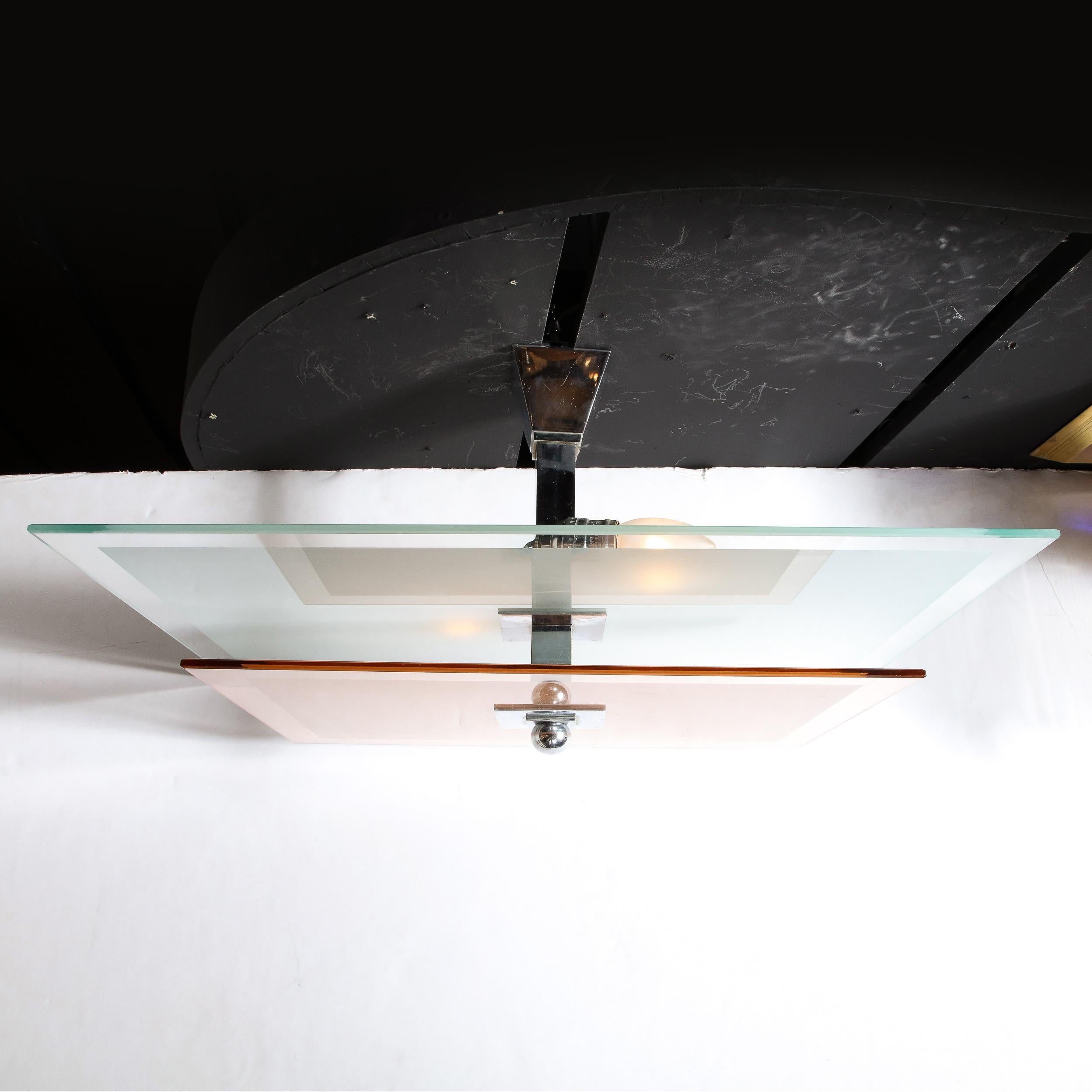 Art Déco Lampadario Art Deco a due piani in vetro rosa e trasparente smerigliato di Petitot in vendita
