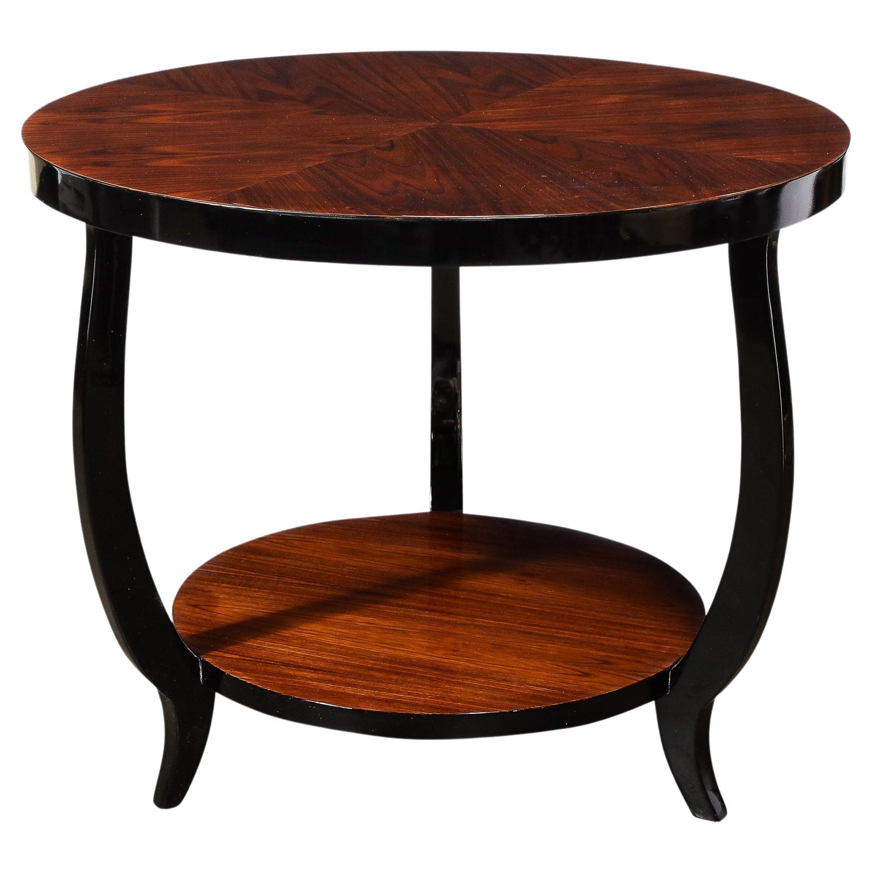 Art Deco Two-Tier Gueridon Table in Book-matched Walnut & Black Lacquer For Sale