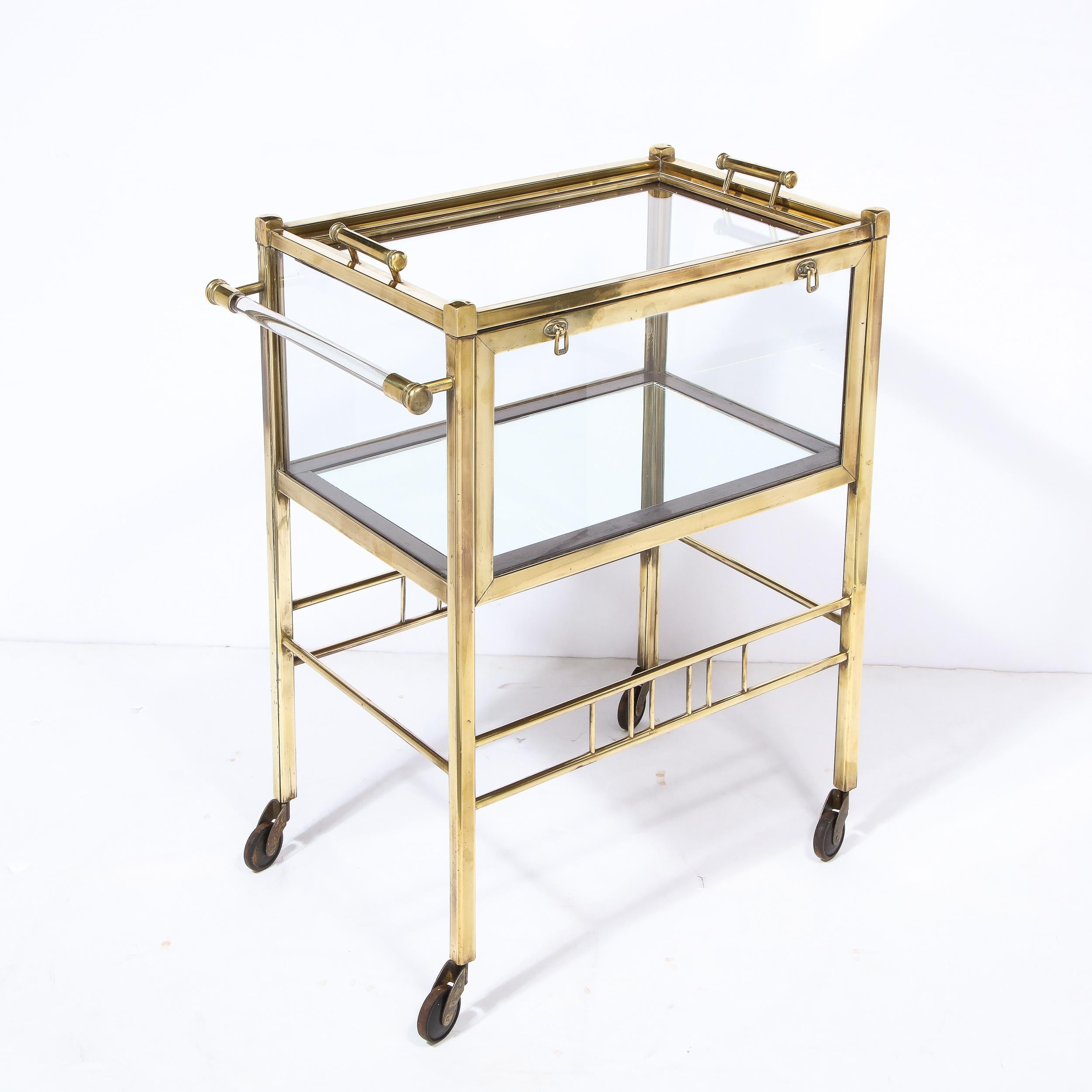 Art Deco Two Tier Polished Brass, Walnut and Glass Bar Carts on Castors 5