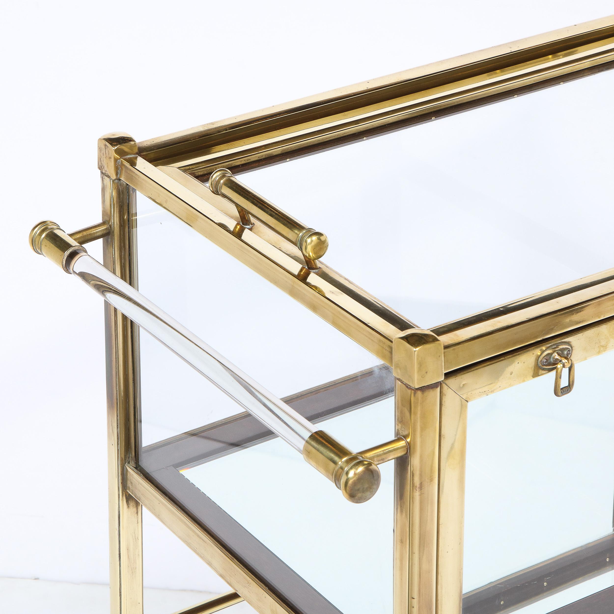 Art Deco Two Tier Polished Brass, Walnut and Glass Bar Carts on Castors 6