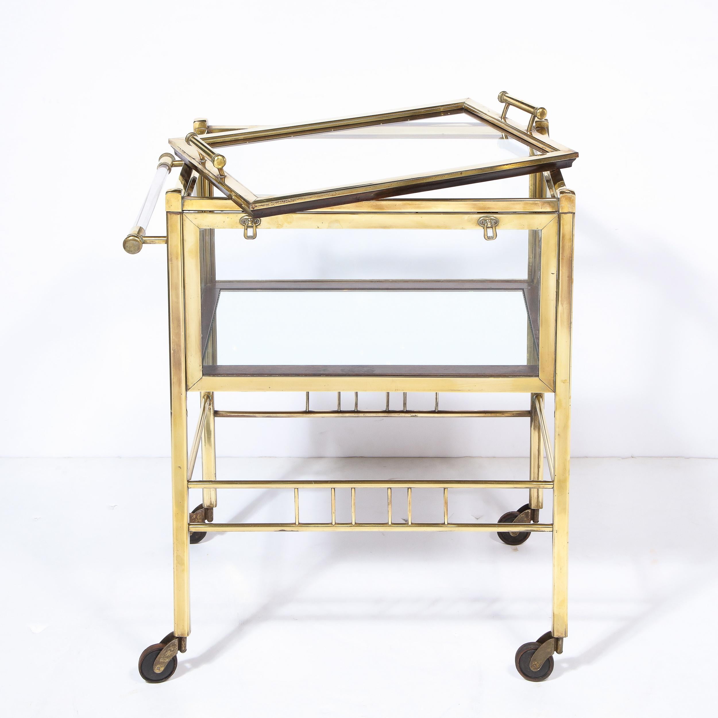 Art Deco Two Tier Polished Brass, Walnut and Glass Bar Carts on Castors In Good Condition In New York, NY