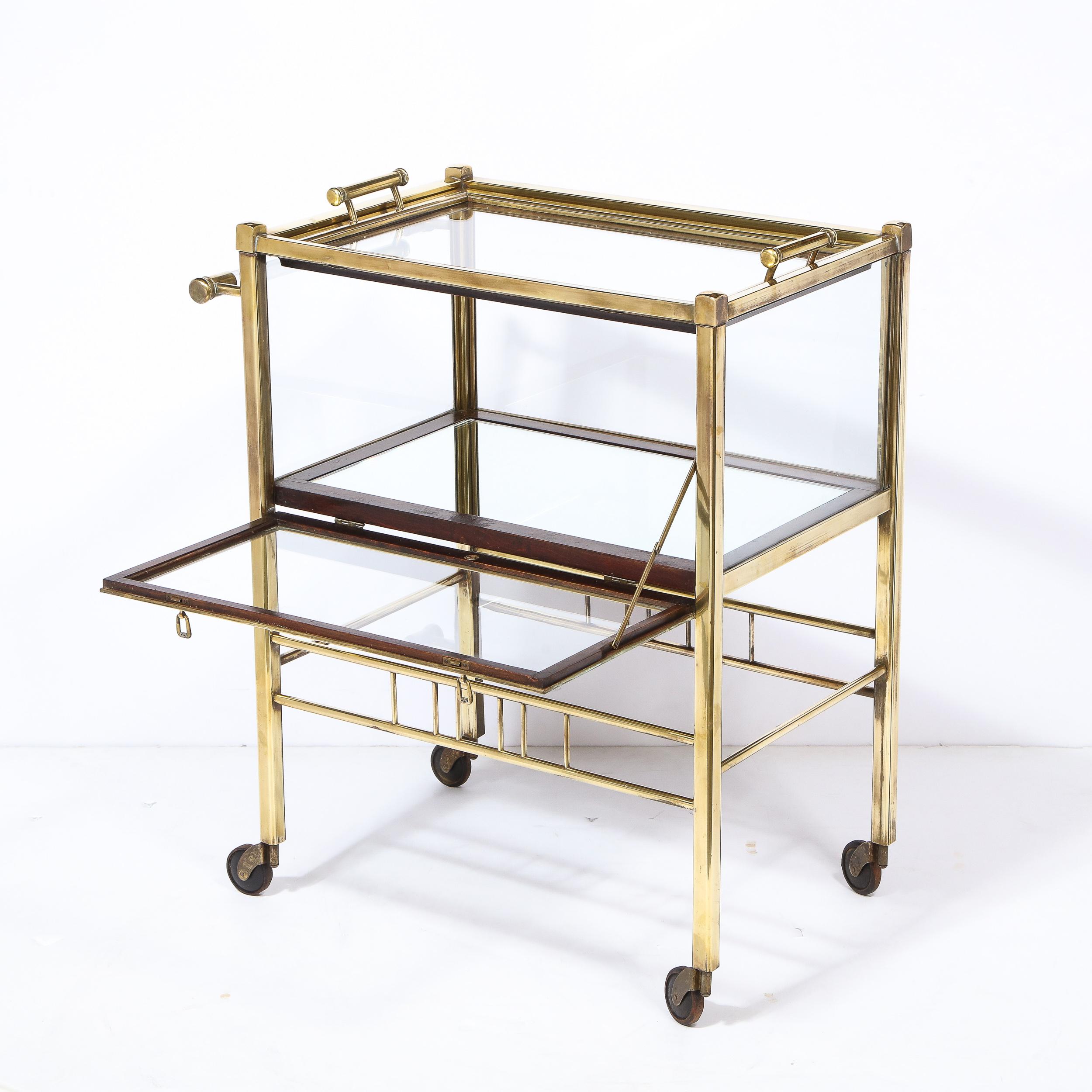 Art Deco Two Tier Polished Brass, Walnut and Glass Bar Carts on Castors 2