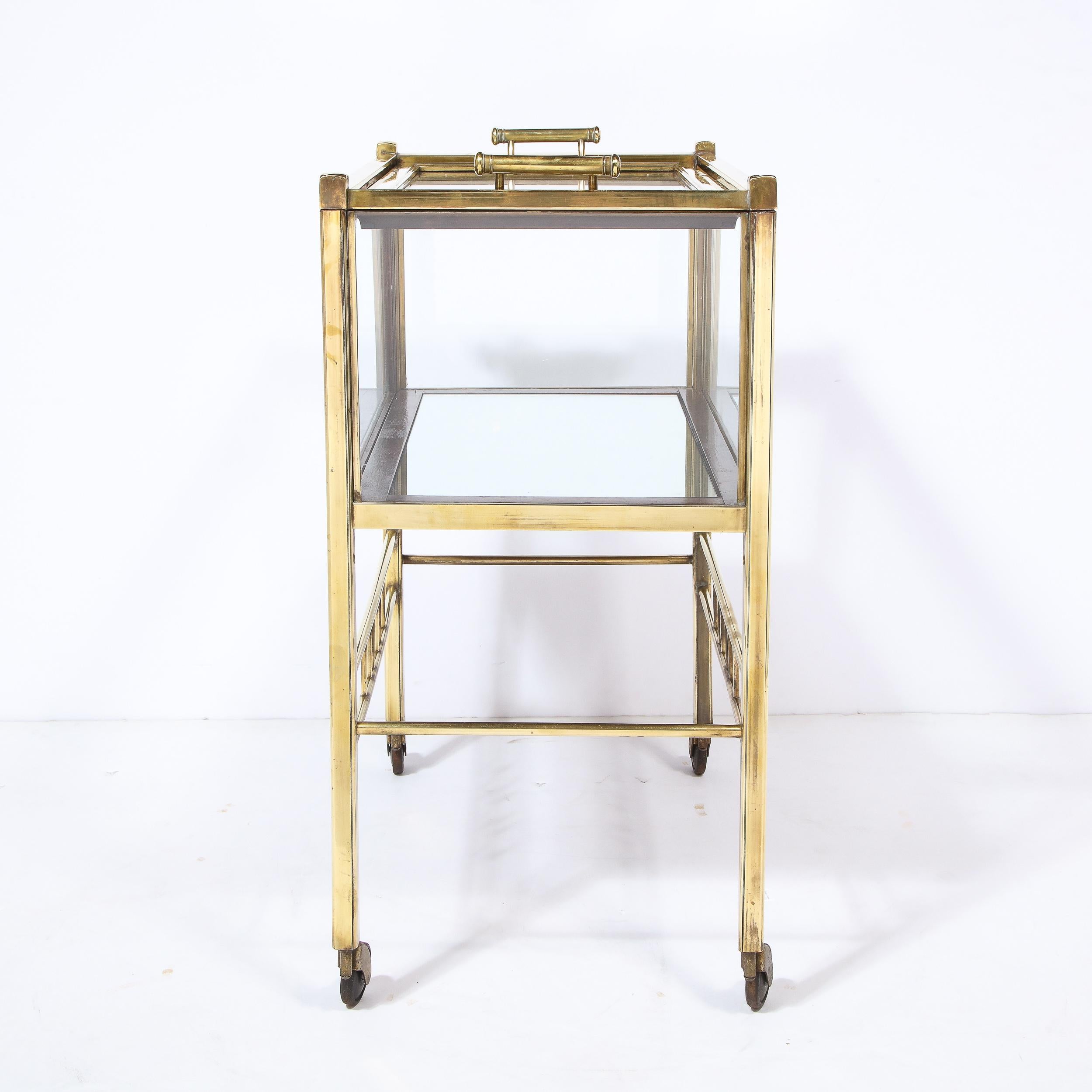 Art Deco Two Tier Polished Brass, Walnut and Glass Bar Carts on Castors 3