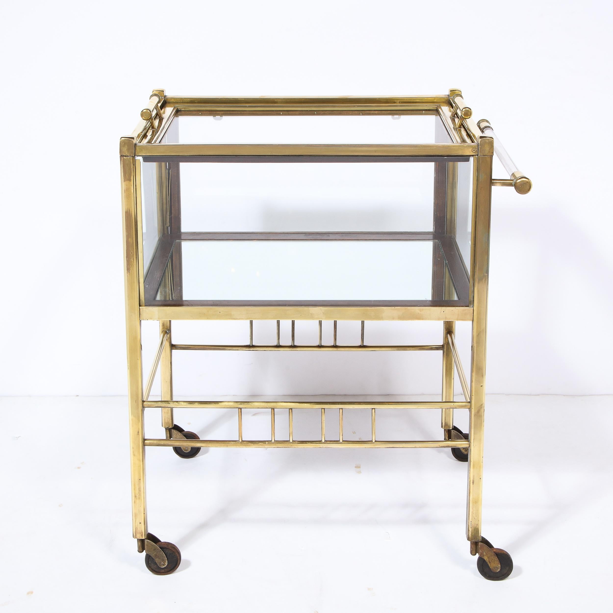 Art Deco Two Tier Polished Brass, Walnut and Glass Bar Carts on Castors 4
