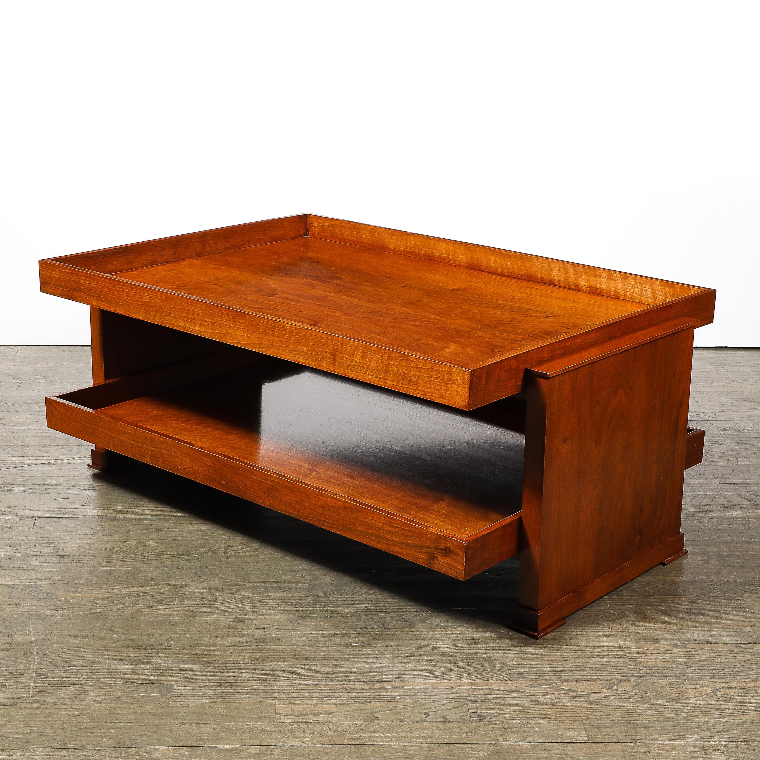 American Art Deco Two-Tier Rectilinear Book-Matched Walnut Raised Border Cocktail Table For Sale