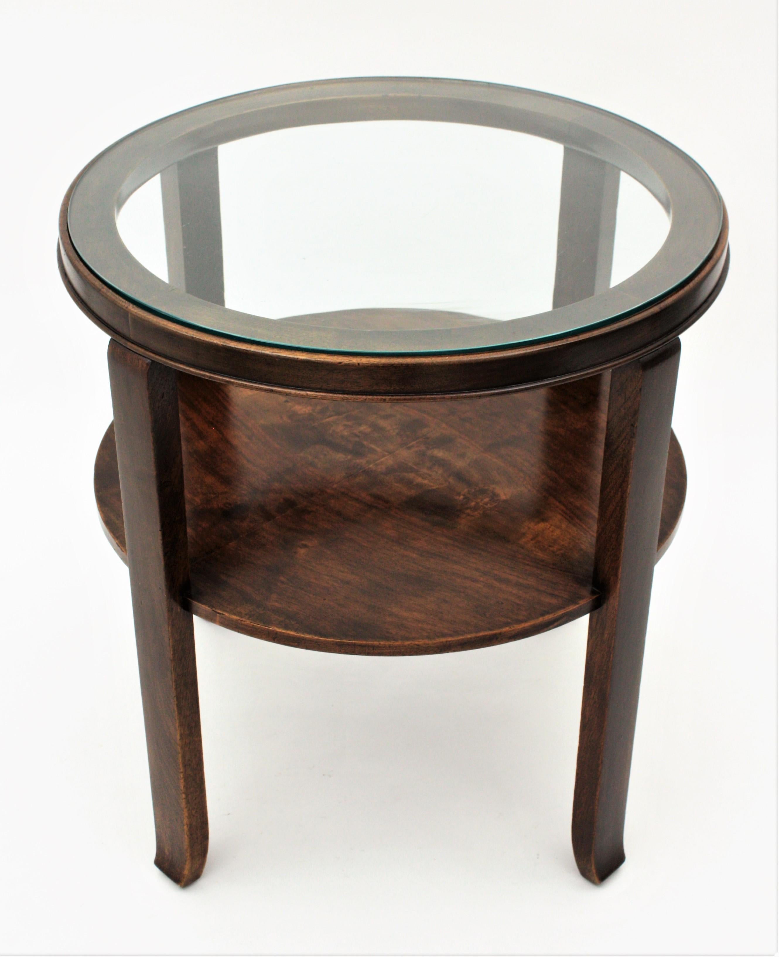 Glass French Art Deco Two Level Coffee Table / Side Table in Walnut For Sale