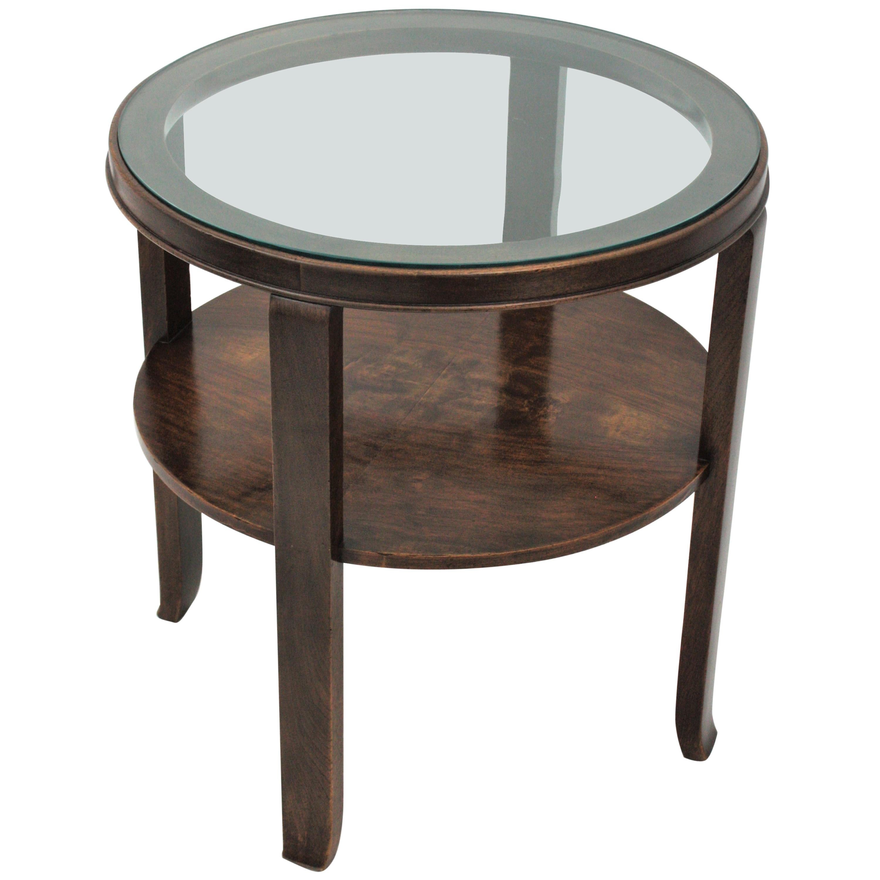 Art Deco Two-Tier Walnut Round Side Table with Glass Top, France, 1930s