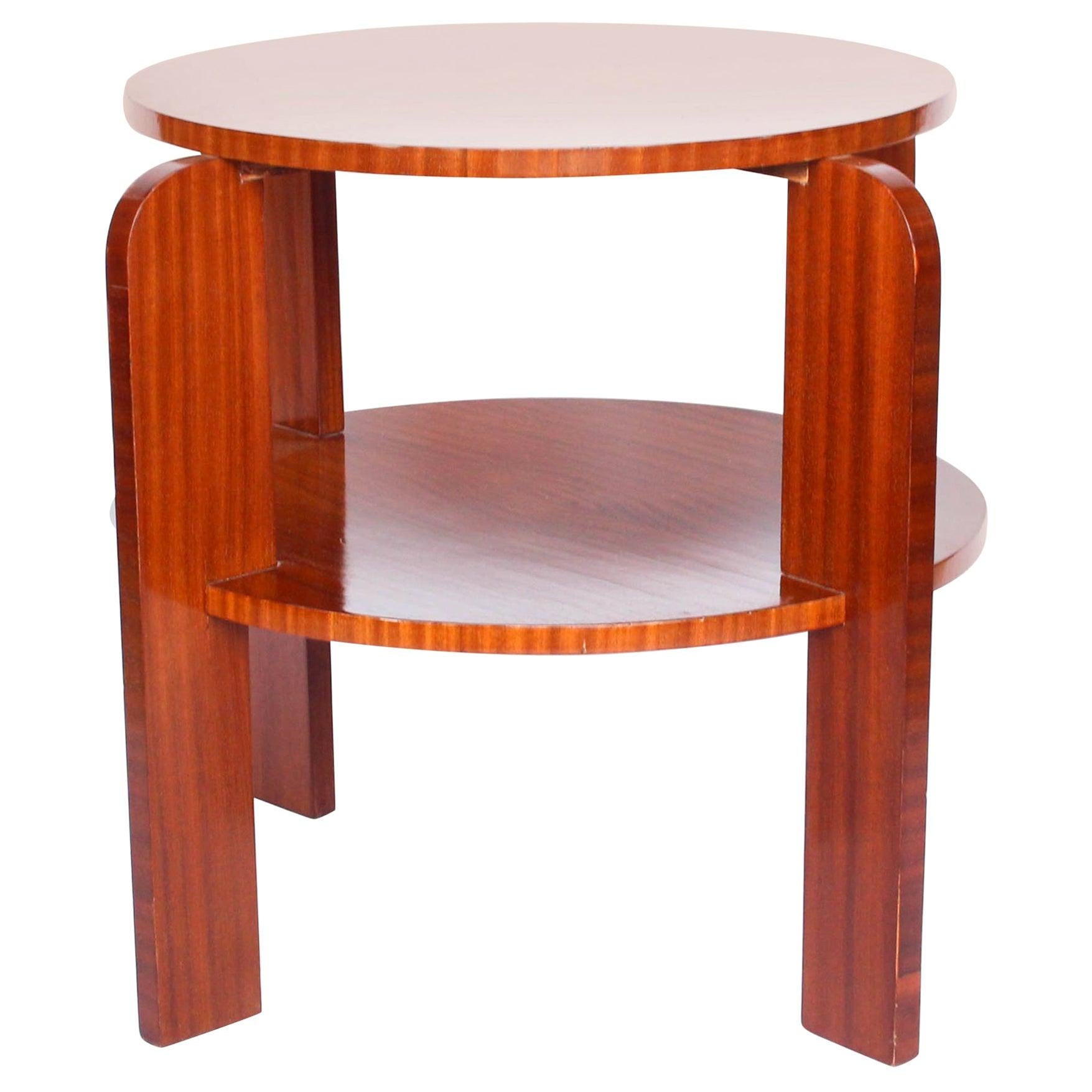 Art Deco Two-Tiered Solid Pine Side Table with Striped Mahogany, French, 1930s
