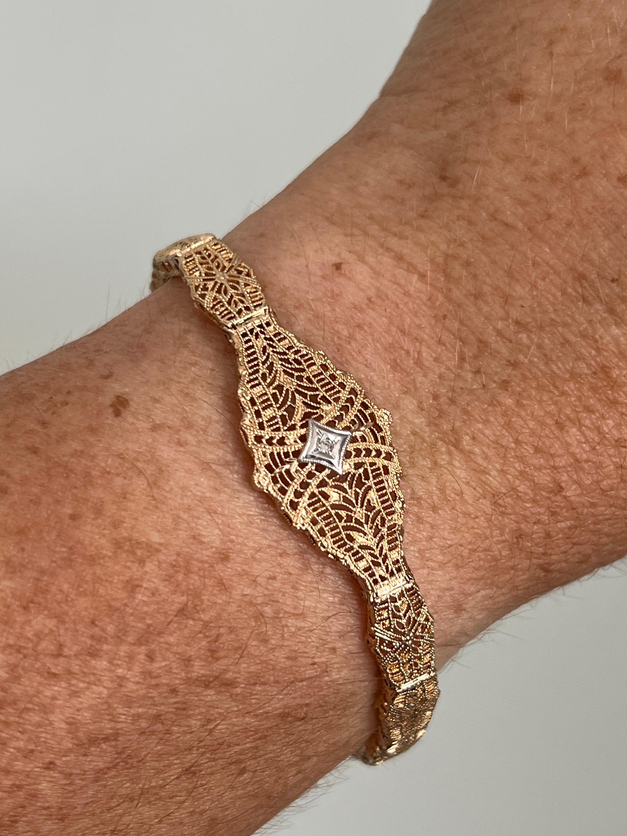 Art Deco Two Tone 10k and Diamond Filigree Openwork Bracelet 1930s For Sale 6
