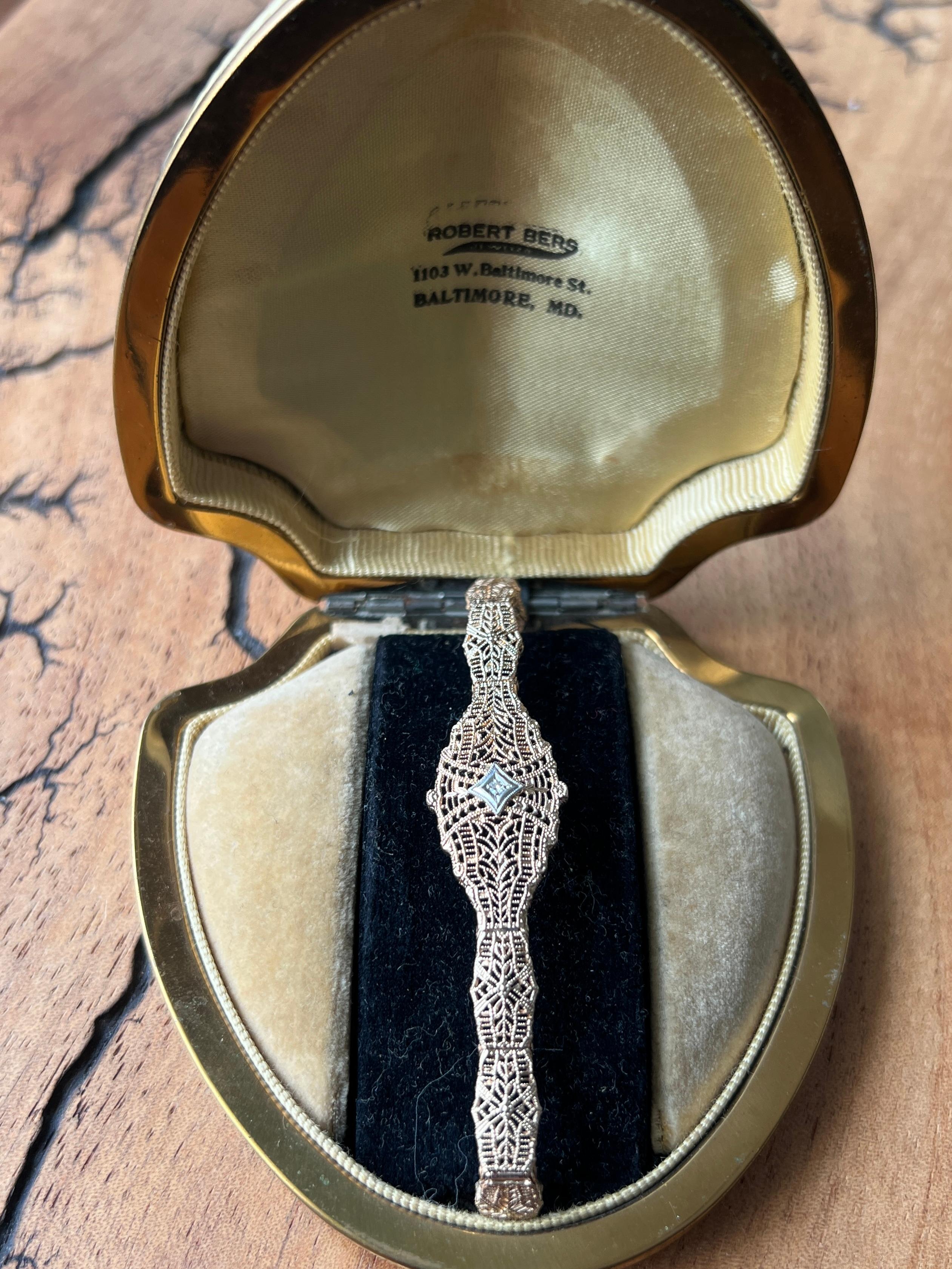 Single Cut Art Deco Two Tone 10k and Diamond Filigree Openwork Bracelet 1930s For Sale