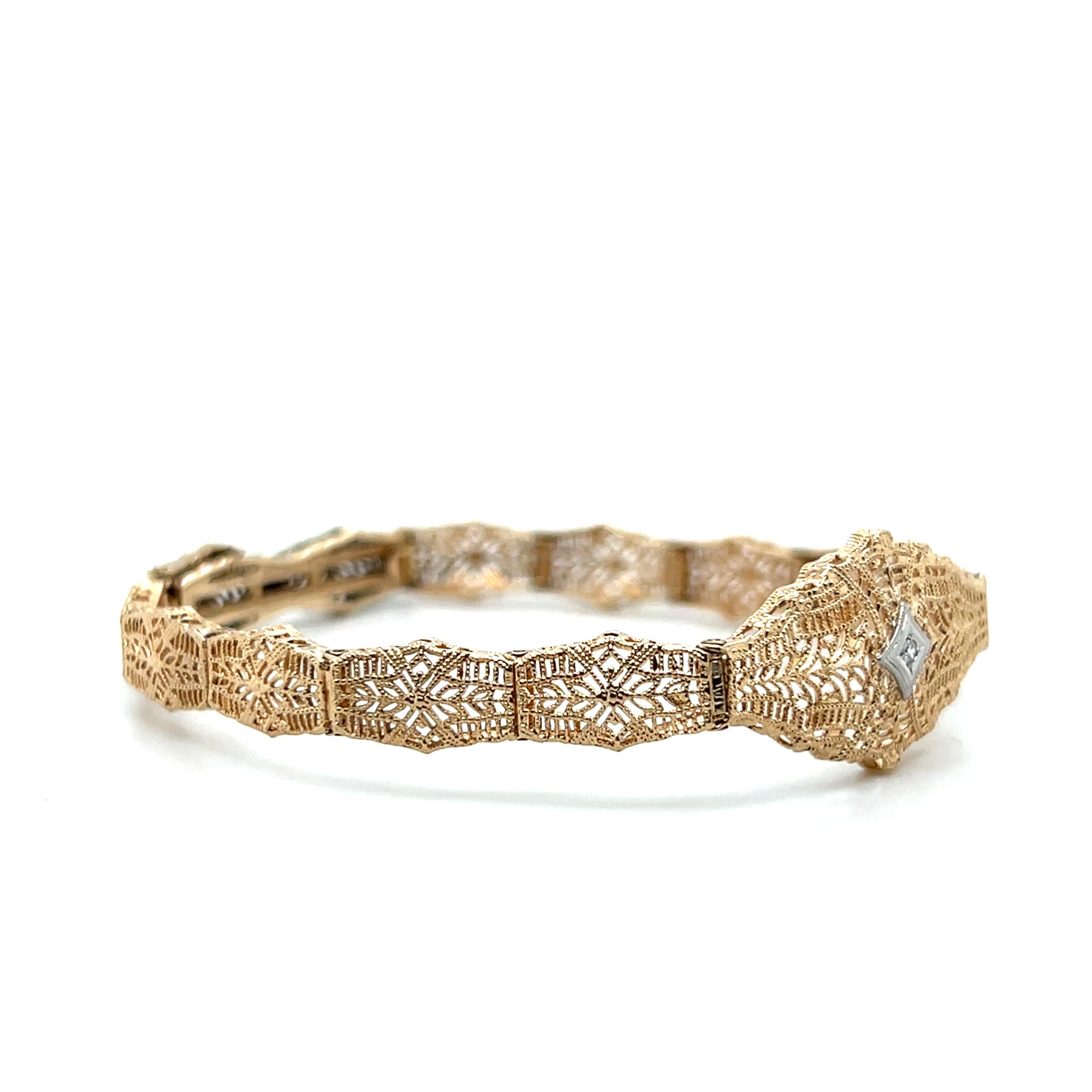 Women's or Men's Art Deco Two Tone 10k and Diamond Filigree Openwork Bracelet 1930s For Sale