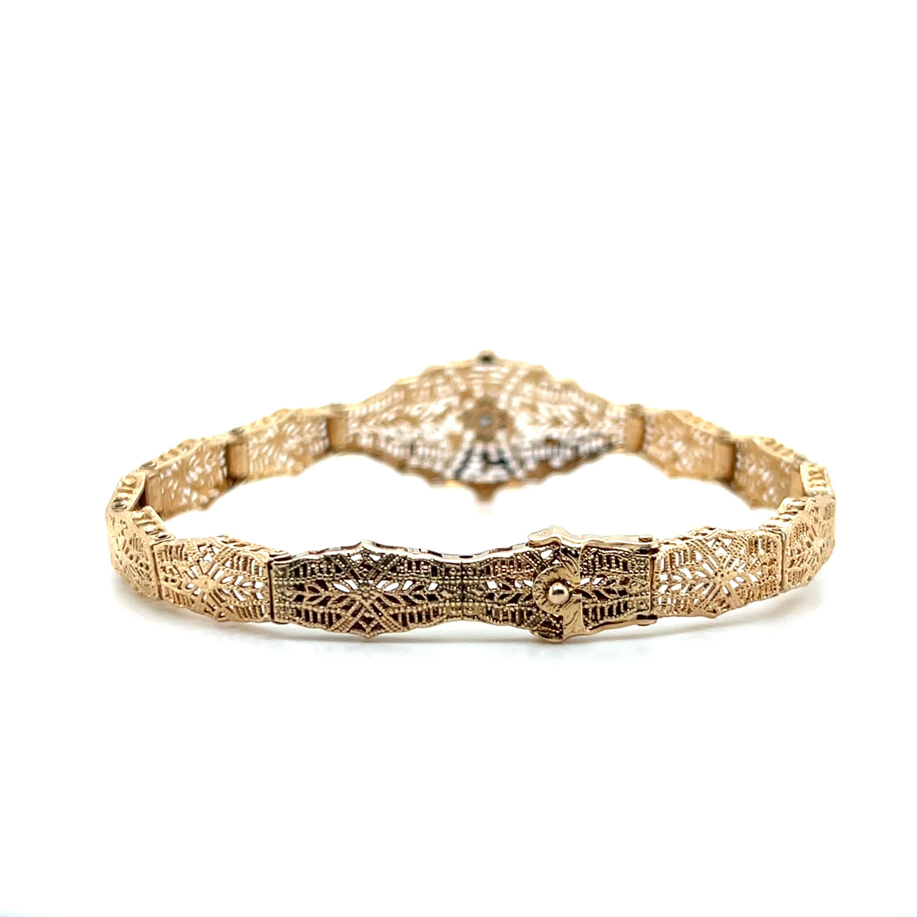 Art Deco Two Tone 10k and Diamond Filigree Openwork Bracelet 1930s For Sale 2