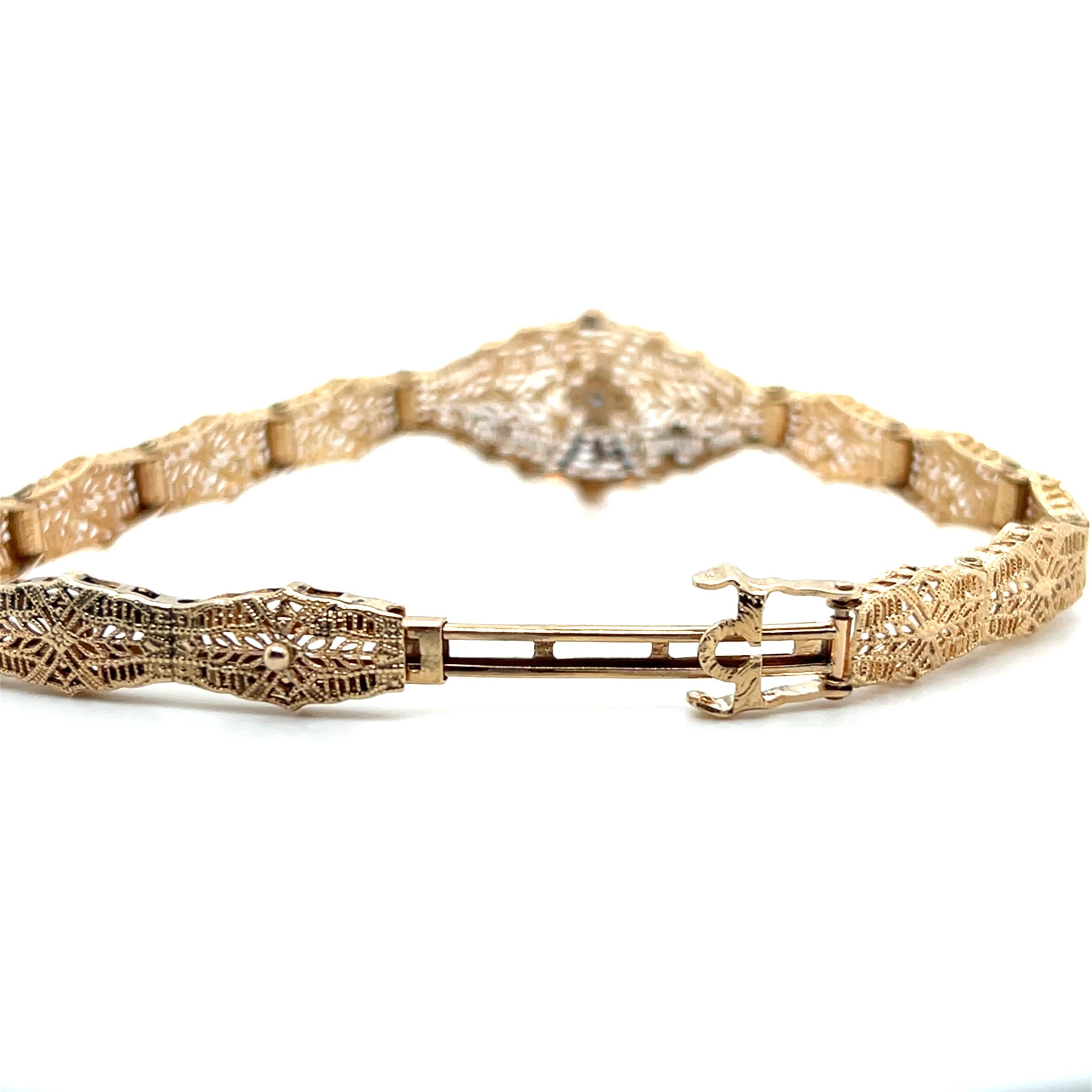 Art Deco Two Tone 10k and Diamond Filigree Openwork Bracelet 1930s For Sale 3