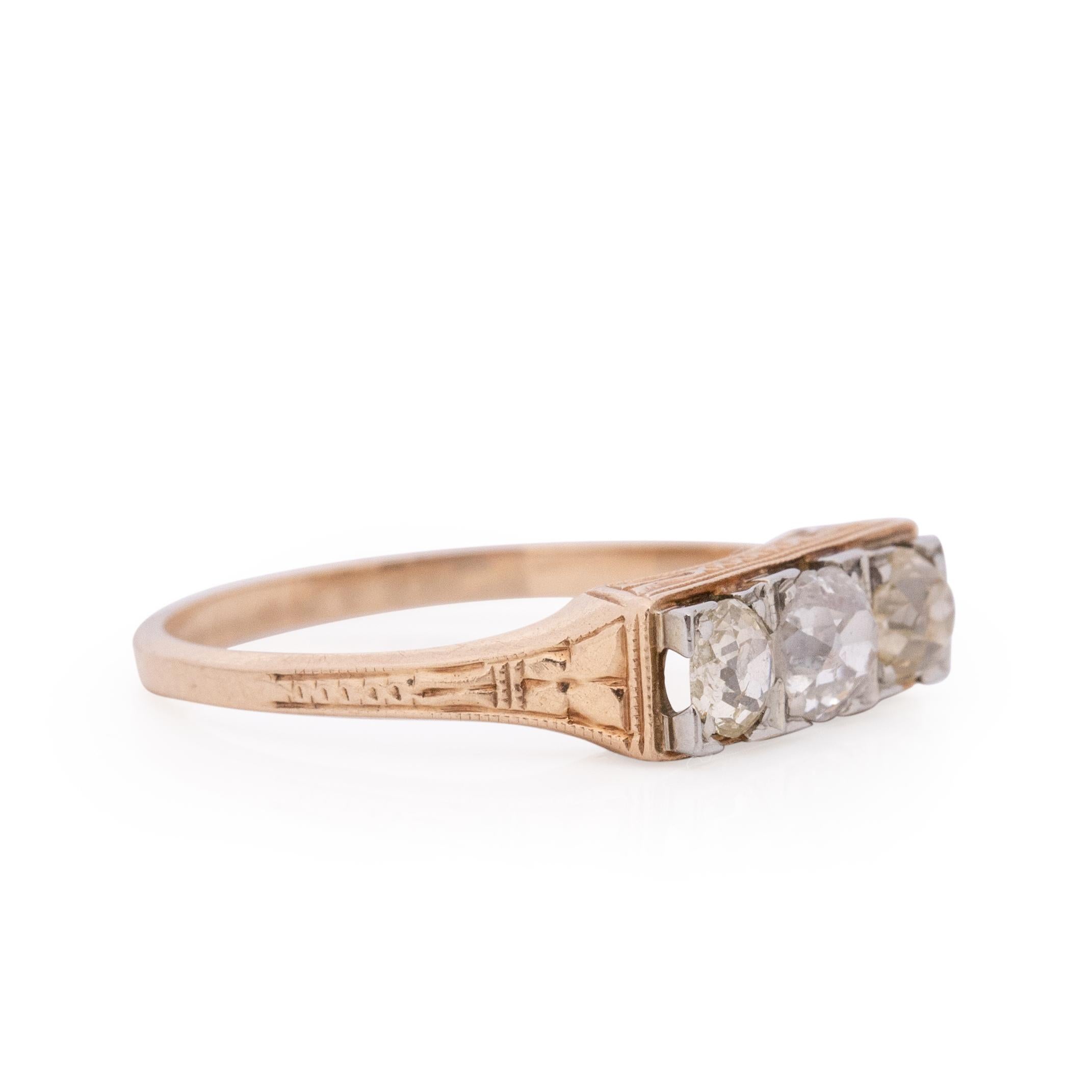 Art Deco Two-Tone 14K Yellow Gold and 18K White Gold .95 Carat Three-Stone Ring In Good Condition In Addison, TX