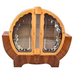 Vintage Art Deco Two Tone Blonde Birds Eye Maple & Walnut Vitrine Display Cabinet, c1930