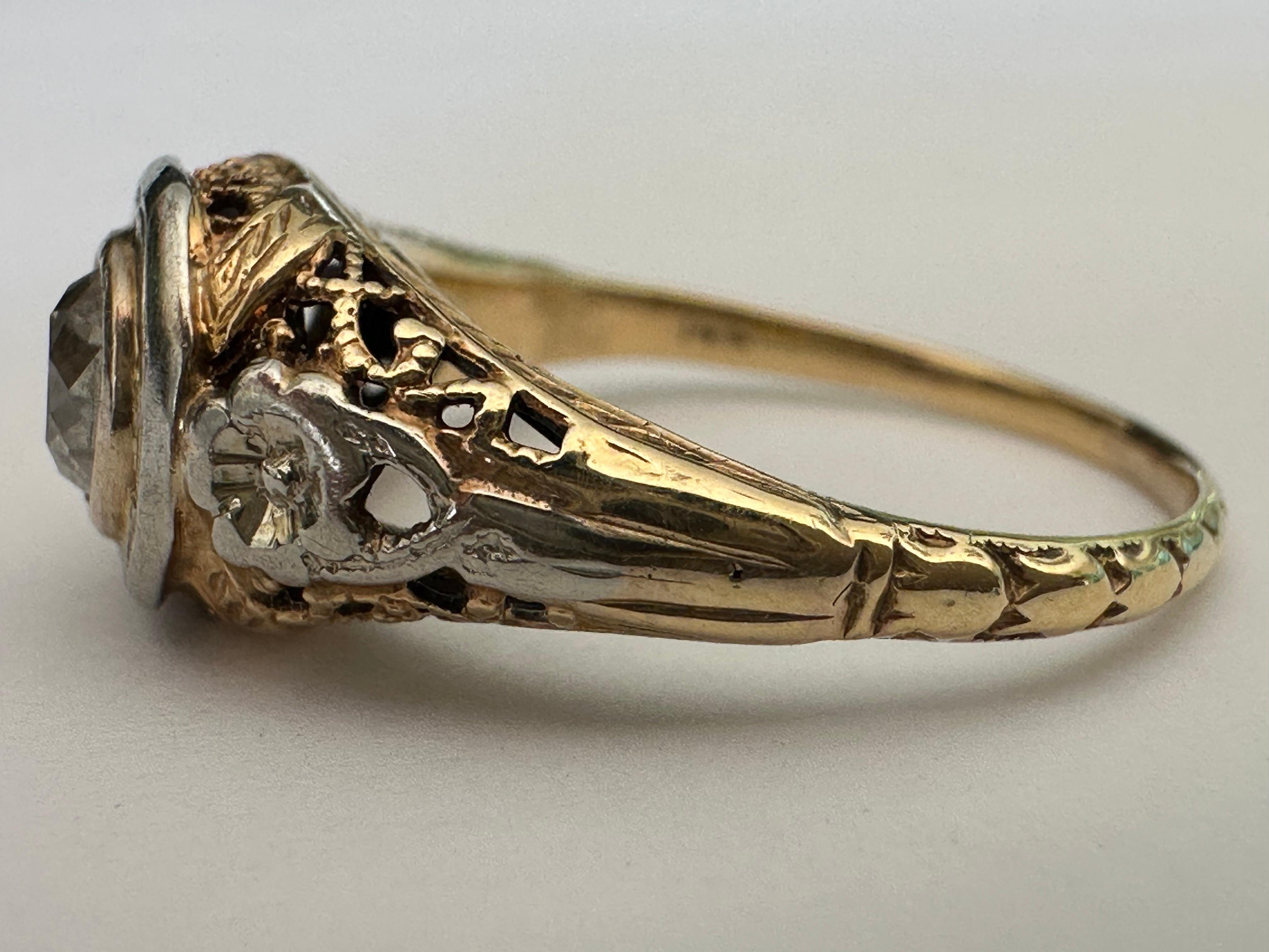 Art Déco Anello di fidanzamento solitario con diamante bicolore Art Deco in vendita