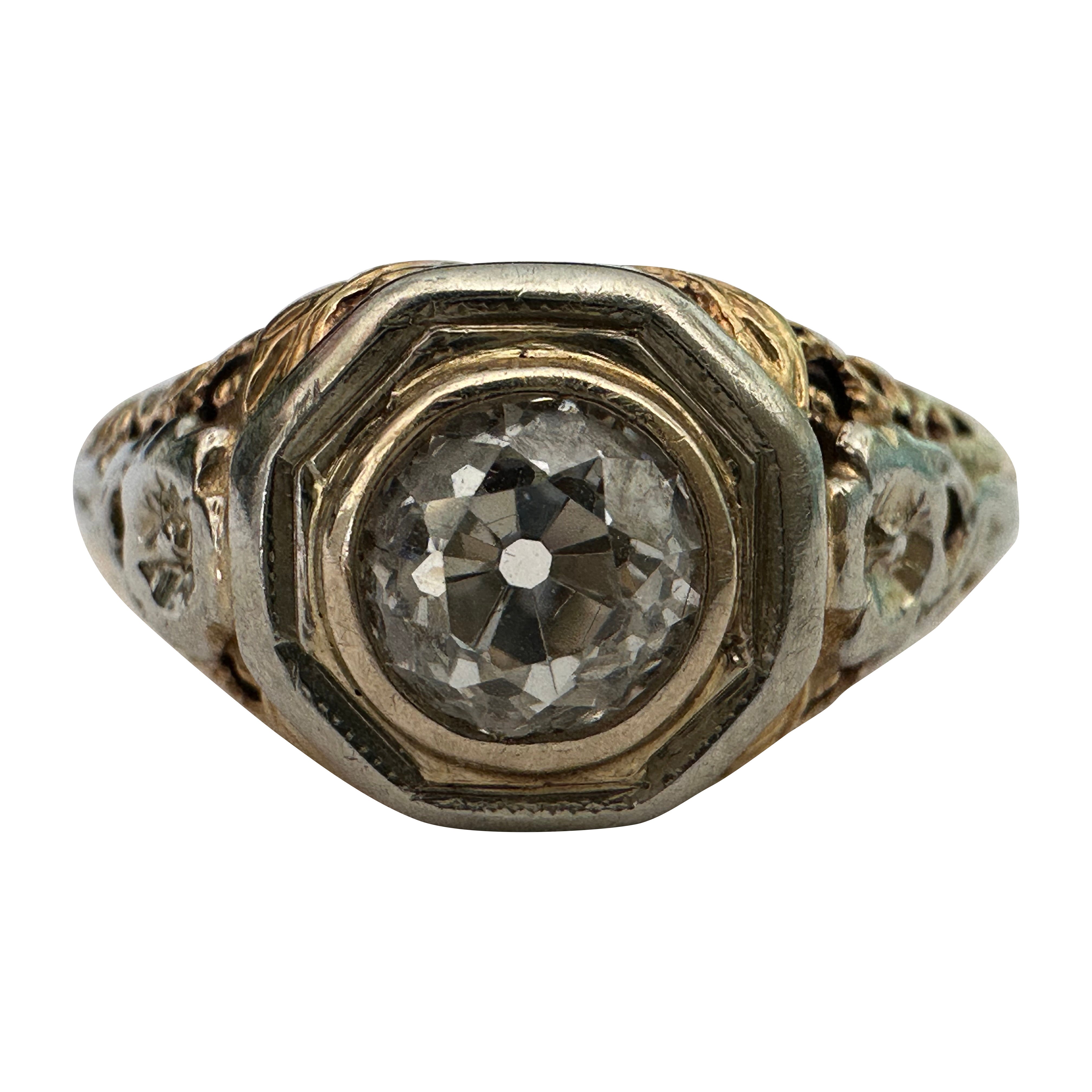 Bague de fiançailles solitaire à diamant bicolore Art déco