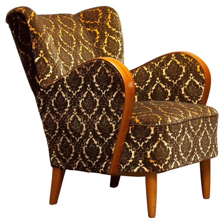 Art Deco Two Tone Velvet Lounge Chair With Elm Armrests In Fritz Hansen